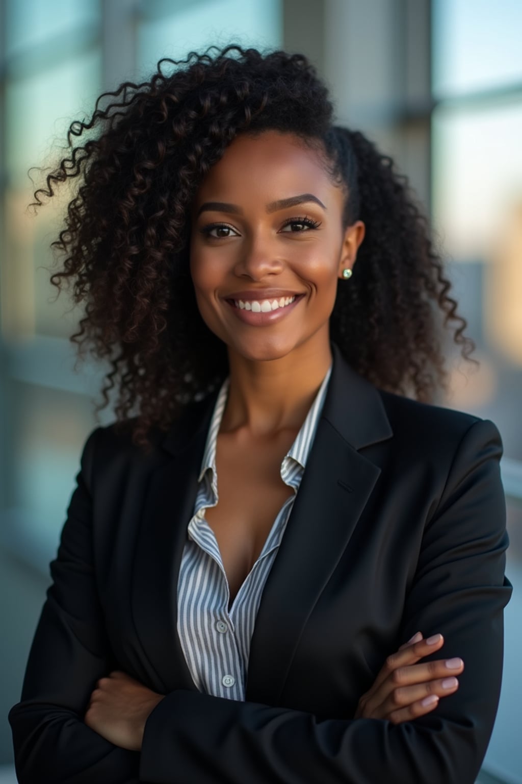 8k professional headshot of woman, crisp details, studio backdrop, executive attire, confident posture, neutral expression, high-definition, corporate setting, sharp focus, ambient lighting, business professional, cityscape view