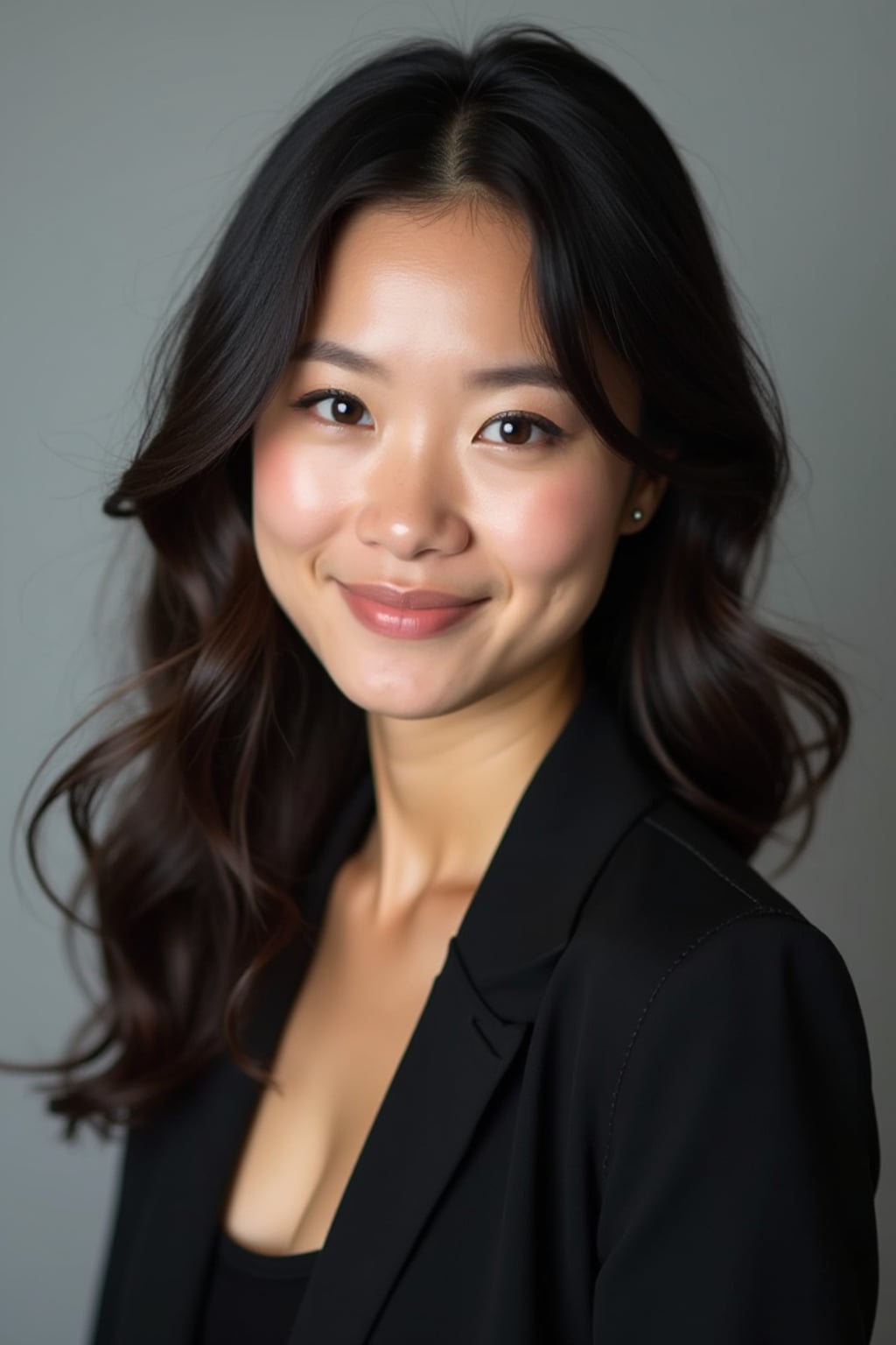 A professional actor headshot of a confident woman, taken in a well-lit studio with a plain backdrop. The woman is dressed in a simple, elegant black top with natural makeup and soft curls . The lighting is soft and even, highlighting their facial features with a natural and approachable expression. The focus is sharp, capturing the woman's eyes and subtle smile, creating a perfect headshot for auditions and casting calls.