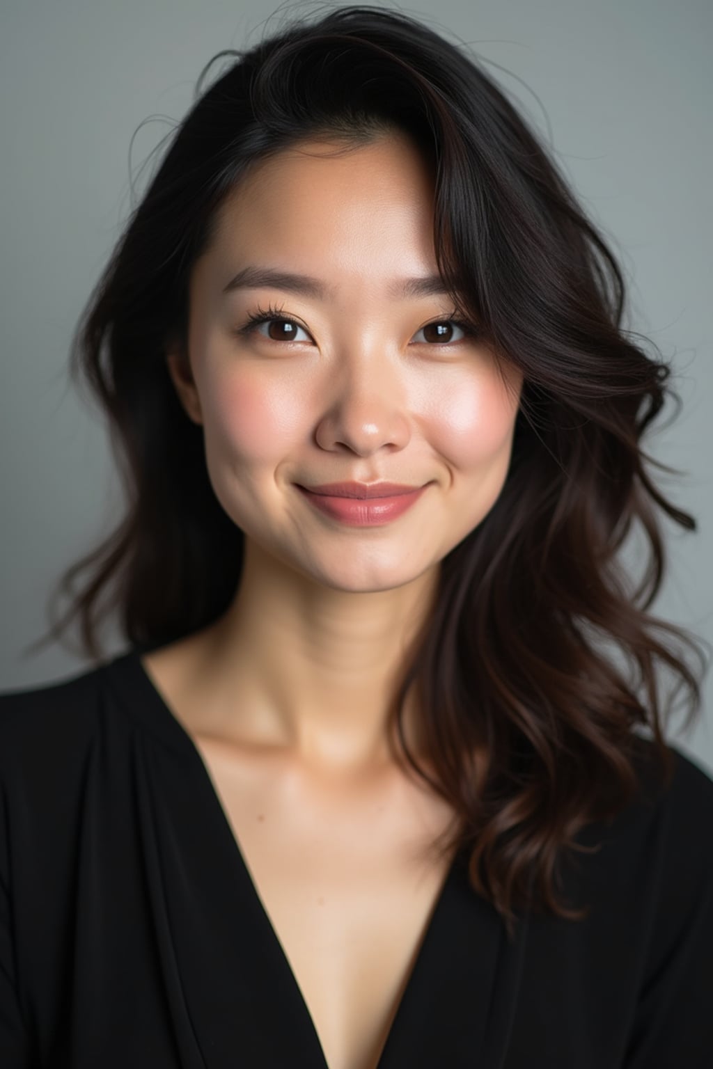 A professional actor headshot of a confident woman, taken in a well-lit studio with a plain backdrop. The woman is dressed in a simple, elegant black top with natural makeup and soft curls . The lighting is soft and even, highlighting their facial features with a natural and approachable expression. The focus is sharp, capturing the woman's eyes and subtle smile, creating a perfect headshot for auditions and casting calls.