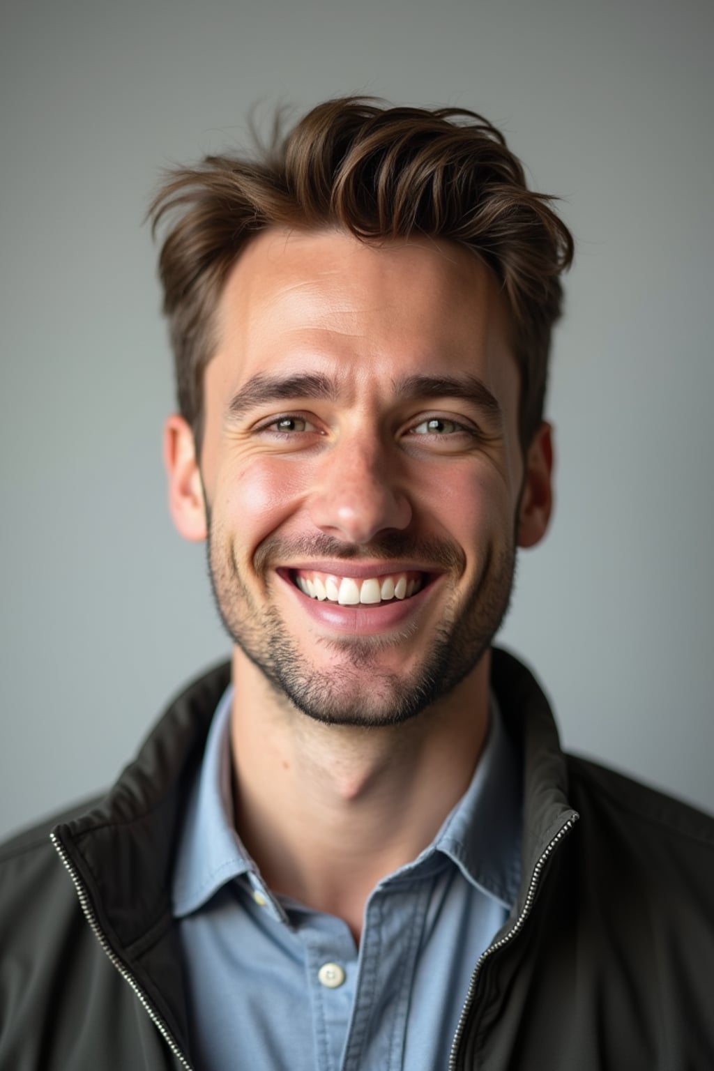A professional comedian headshot taken in a well-lit studio with a clean, neutral backdrop. The man is dressed in  a fitted button-up shirt or a casual jacket with neatly styled hair, ensuring a polished yet approachable look. The lighting is soft and even, highlighting the man’s expressive face, charisma, and subtle comedic charm. The focus is sharp, capturing a warm and inviting expression, creating the perfect headshot for stand-up comedians, improv actors, and comedic performers.