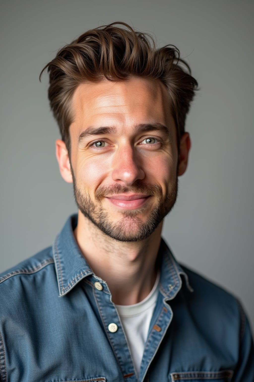 A professional comedian headshot taken in a well-lit studio with a clean, neutral backdrop. The man is dressed in  a fitted button-up shirt or a casual jacket with neatly styled hair, ensuring a polished yet approachable look. The lighting is soft and even, highlighting the man’s expressive face, charisma, and subtle comedic charm. The focus is sharp, capturing a warm and inviting expression, creating the perfect headshot for stand-up comedians, improv actors, and comedic performers.