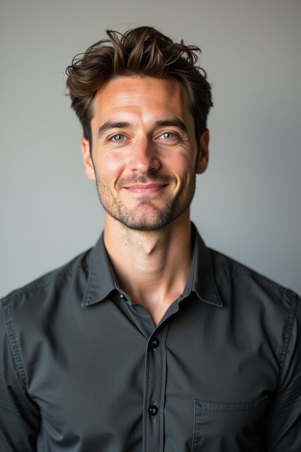 A professional comedian headshot taken in a well-lit studio with a clean, neutral backdrop. The man is dressed in  a fitted button-up shirt or a casual jacket with neatly styled hair, ensuring a polished yet approachable look. The lighting is soft and even, highlighting the man’s expressive face, charisma, and subtle comedic charm. The focus is sharp, capturing a warm and inviting expression, creating the perfect headshot for stand-up comedians, improv actors, and comedic performers.