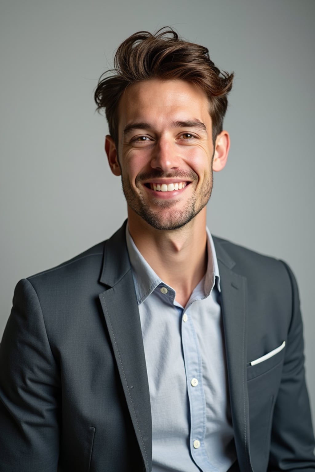 A professional comedian headshot taken in a well-lit studio with a clean, neutral backdrop. The man is dressed in  a fitted button-up shirt or a casual jacket with neatly styled hair, ensuring a polished yet approachable look. The lighting is soft and even, highlighting the man’s expressive face, charisma, and subtle comedic charm. The focus is sharp, capturing a warm and inviting expression, creating the perfect headshot for stand-up comedians, improv actors, and comedic performers.