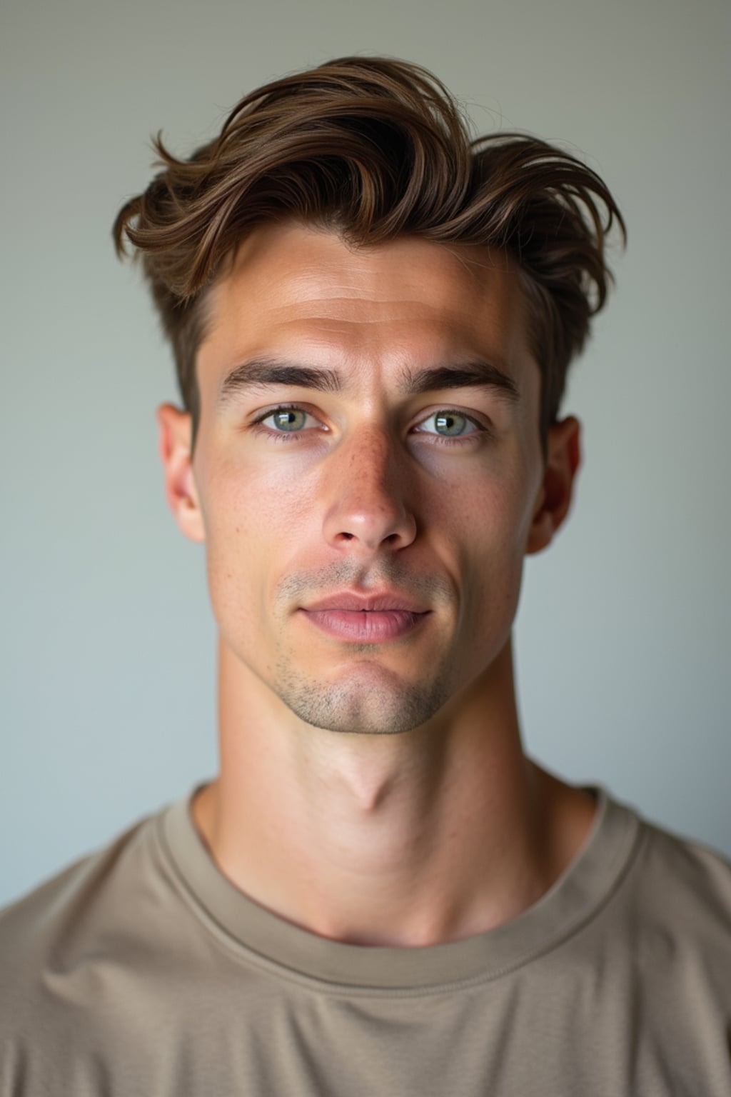 A professional photography man headshot of a confident man, taken in a well-lit studio with a clean, neutral backdrop. The man is dressed in  a fitted, neutral-colored crewneck shirt with neatly styled hair, ensuring a polished yet natural look. The lighting is soft and even, accentuating the man’s bone structure, skin texture, and striking features. The focus is sharp, with a clear emphasis on the man\'s eyes and subtle expression, creating the perfect headshot for agency submissions, portfolio updates, and professional branding in fashion and commercial maning.
