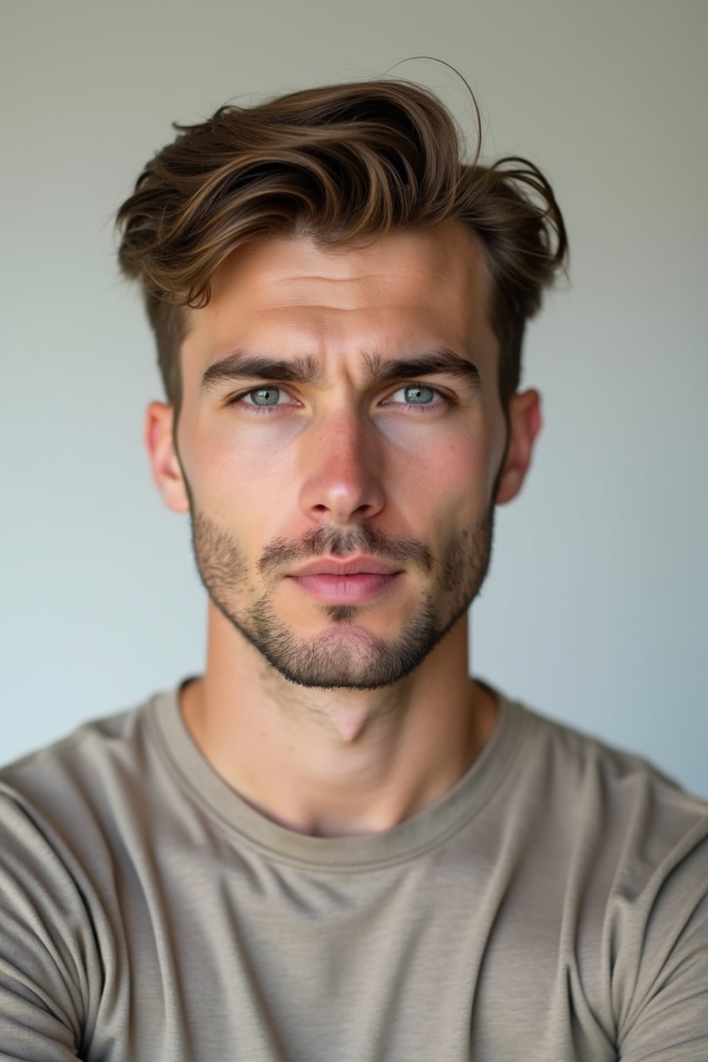 A professional photography man headshot of a confident man, taken in a well-lit studio with a clean, neutral backdrop. The man is dressed in  a fitted, neutral-colored crewneck shirt with neatly styled hair, ensuring a polished yet natural look. The lighting is soft and even, accentuating the man’s bone structure, skin texture, and striking features. The focus is sharp, with a clear emphasis on the man\'s eyes and subtle expression, creating the perfect headshot for agency submissions, portfolio updates, and professional branding in fashion and commercial maning.