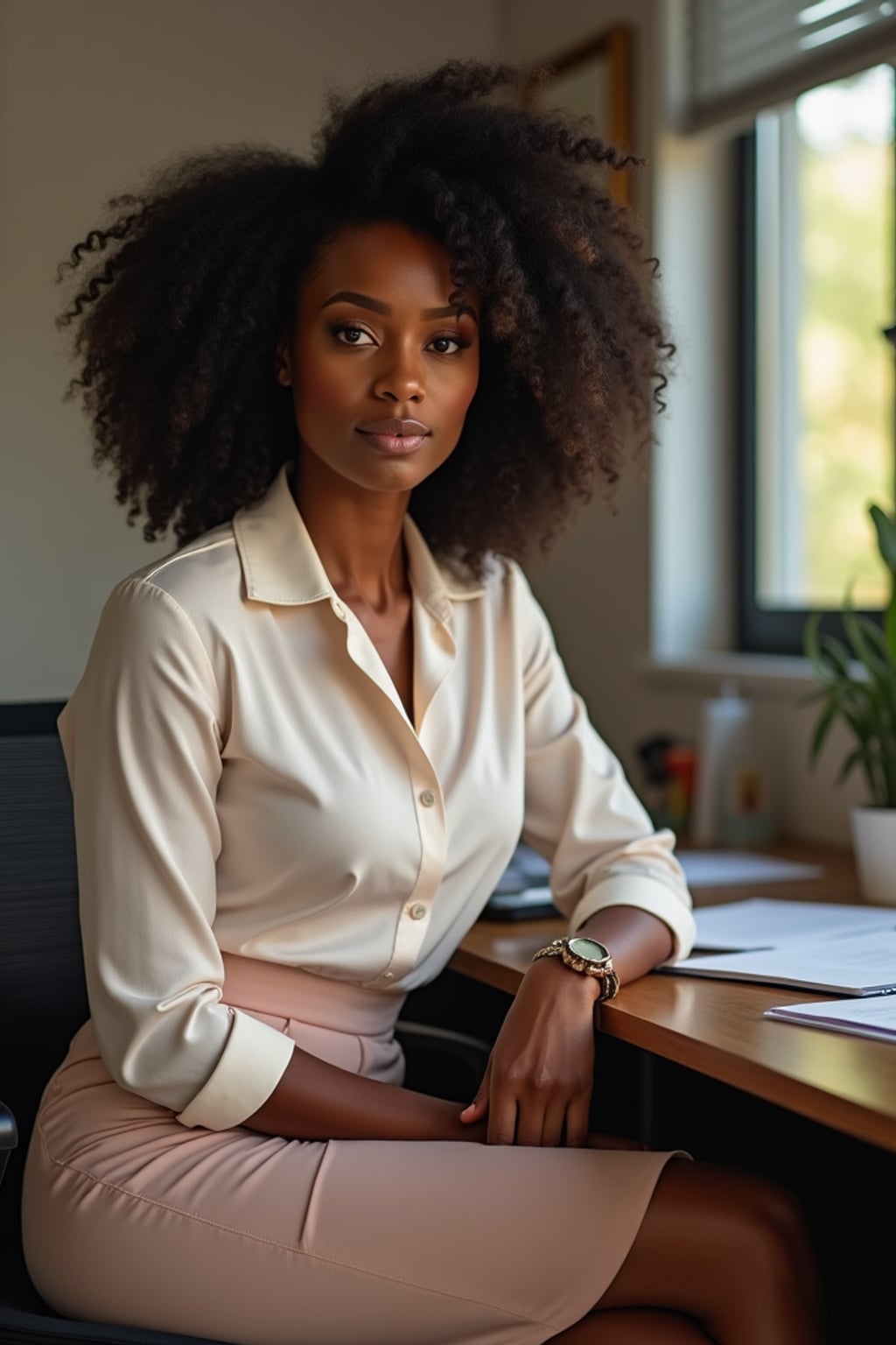 headshot of woman, sitting at a desk, at a (office), BREAK elegant blouse, pencil skirt, makeup