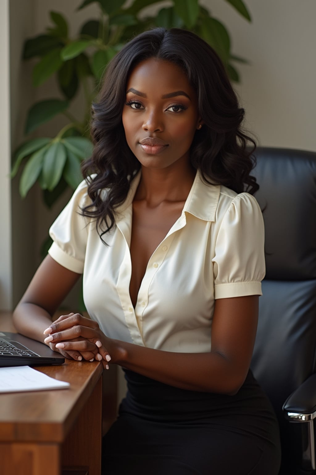 headshot of woman, sitting at a desk, at a (office), BREAK elegant blouse, pencil skirt, makeup