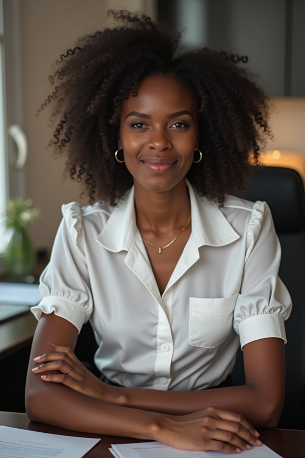 headshot of woman, sitting at a desk, at a (office), BREAK elegant blouse, pencil skirt, makeup