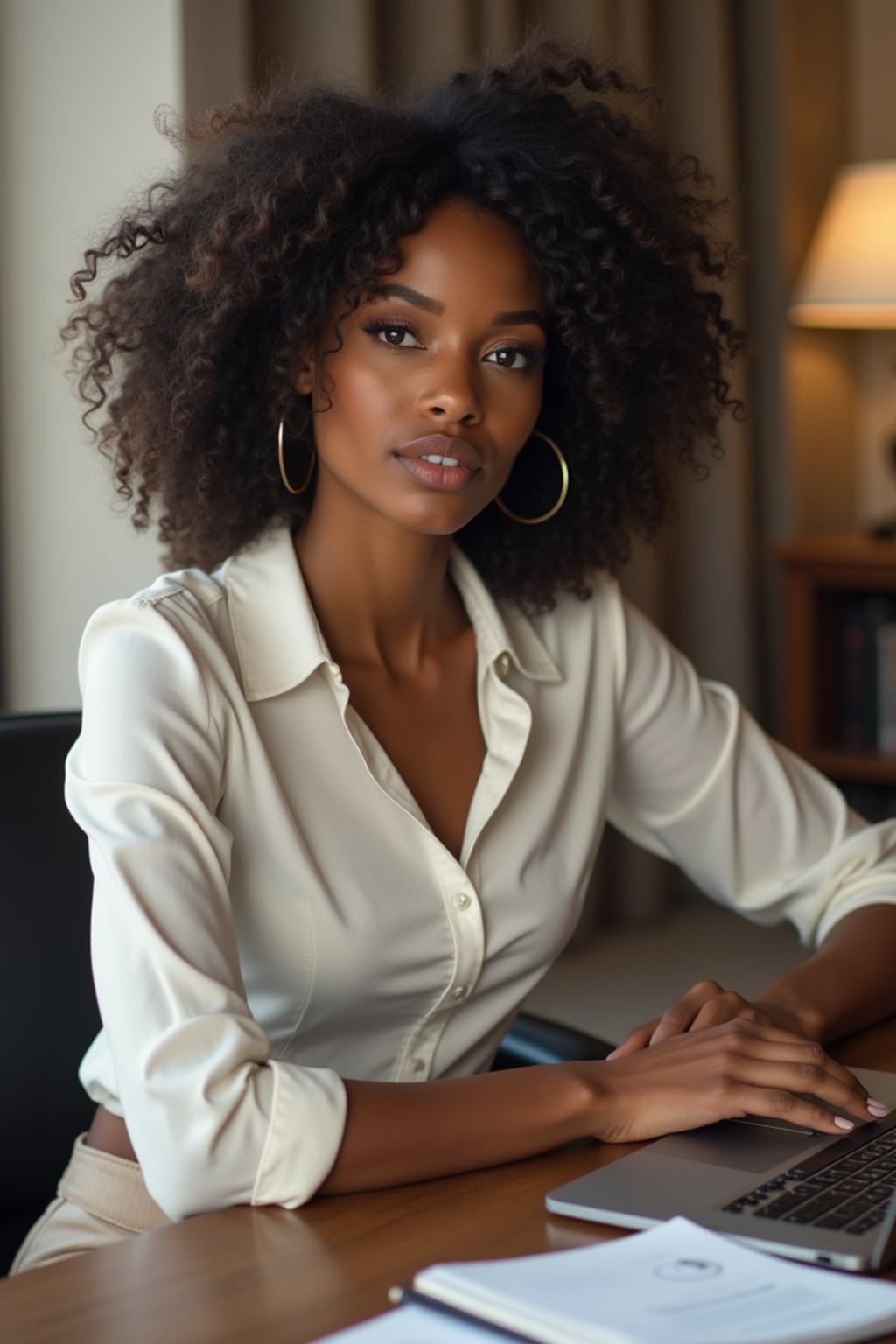 headshot of woman, sitting at a desk, at a (office), BREAK elegant blouse, pencil skirt, makeup