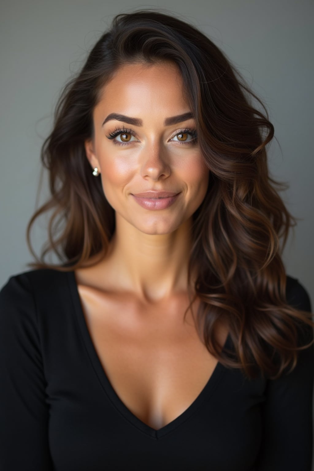 A professional actor headshot of a confident woman, taken in a well-lit studio with a plain backdrop. The woman is dressed in a simple, elegant black top with natural makeup and soft curls . The lighting is soft and even, highlighting their facial features with a natural and approachable expression. The focus is sharp, capturing the woman's eyes and subtle smile, creating a perfect headshot for auditions and casting calls.