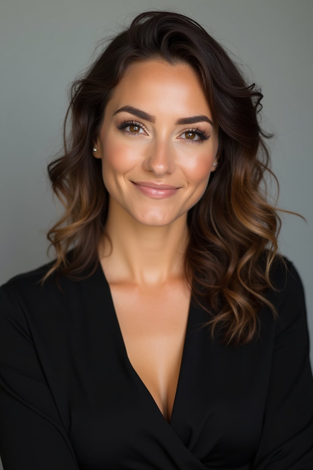 A professional actor headshot of a confident woman, taken in a well-lit studio with a plain backdrop. The woman is dressed in a simple, elegant black top with natural makeup and soft curls . The lighting is soft and even, highlighting their facial features with a natural and approachable expression. The focus is sharp, capturing the woman's eyes and subtle smile, creating a perfect headshot for auditions and casting calls.
