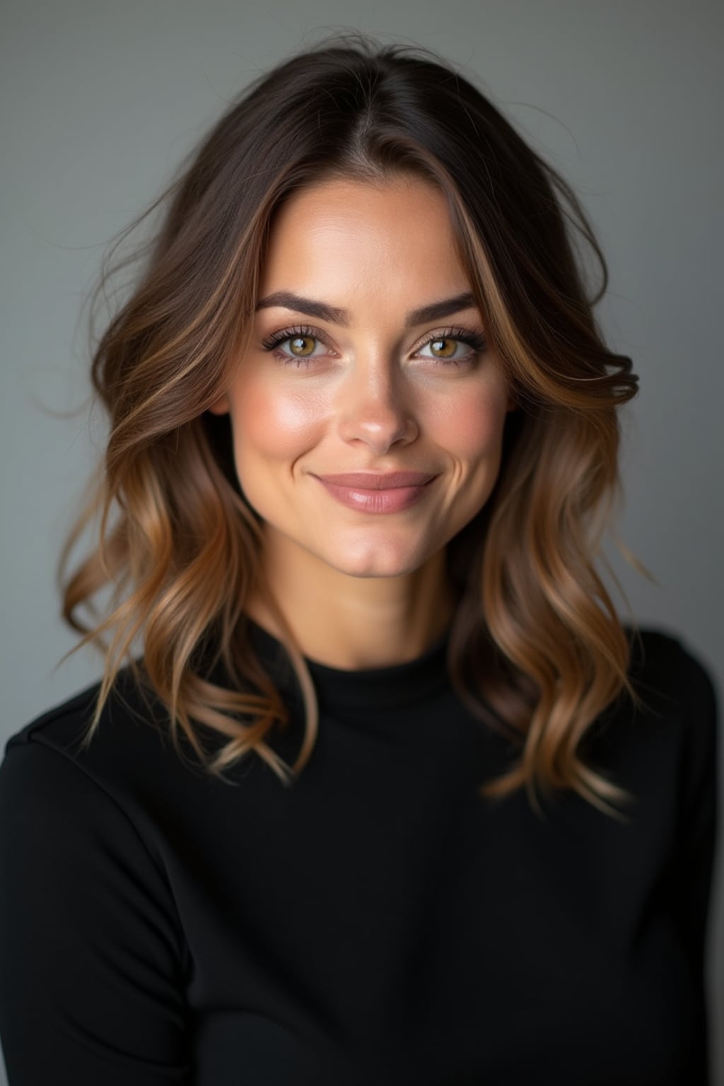 A professional actor headshot of a confident woman, taken in a well-lit studio with a plain backdrop. The woman is dressed in a simple, elegant black top with natural makeup and soft curls . The lighting is soft and even, highlighting their facial features with a natural and approachable expression. The focus is sharp, capturing the woman's eyes and subtle smile, creating a perfect headshot for auditions and casting calls.