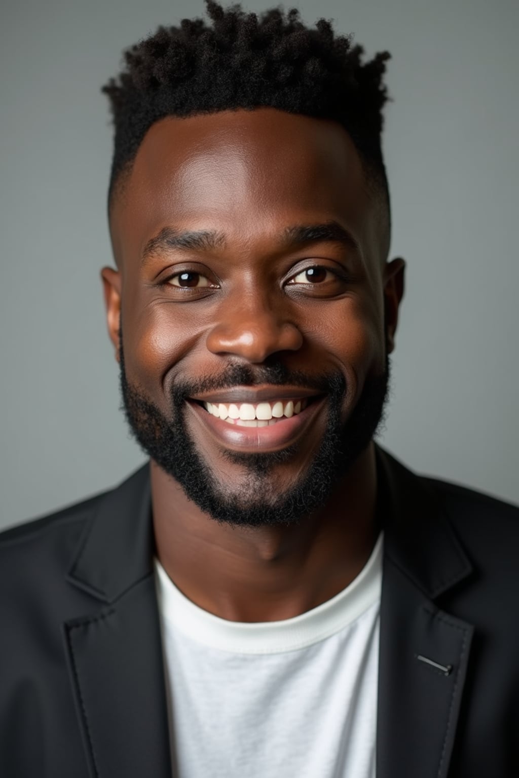A comedic actor headshot featuring a subtle smirk and expressive eyes, taken in a well-lit professional studio. The man is dressed in  a modern fitted casual jacket or blazer, styled effortlessly for a relatable yet polished look. The background is neutral, ensuring the subject stands out. The lighting highlights natural features, capturing an inviting and charismatic presence, perfect for comedy auditions, film roles, and industry portfolios.