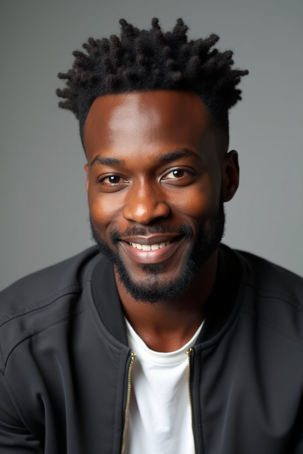 A comedic actor headshot featuring a subtle smirk and expressive eyes, taken in a well-lit professional studio. The man is dressed in  a modern fitted casual jacket or blazer, styled effortlessly for a relatable yet polished look. The background is neutral, ensuring the subject stands out. The lighting highlights natural features, capturing an inviting and charismatic presence, perfect for comedy auditions, film roles, and industry portfolios.