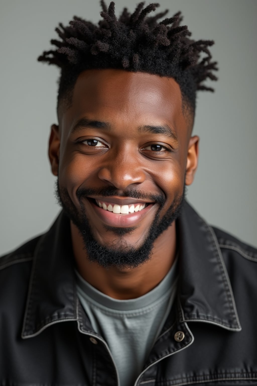 A comedic actor headshot featuring a subtle smirk and expressive eyes, taken in a well-lit professional studio. The man is dressed in  a modern fitted casual jacket or blazer, styled effortlessly for a relatable yet polished look. The background is neutral, ensuring the subject stands out. The lighting highlights natural features, capturing an inviting and charismatic presence, perfect for comedy auditions, film roles, and industry portfolios.