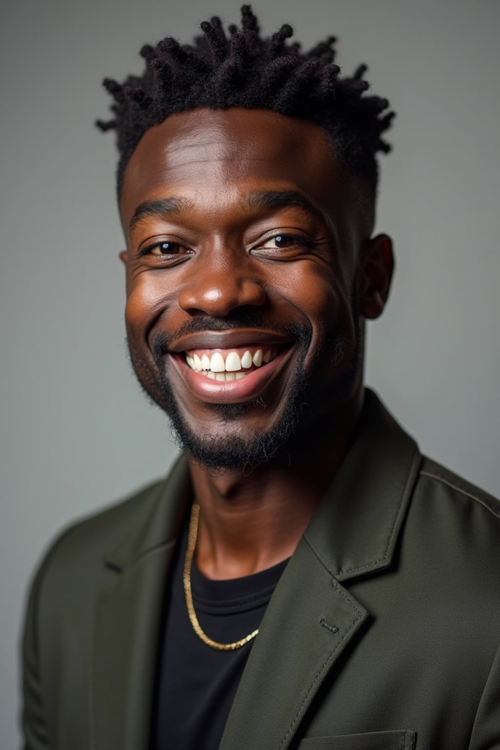 A comedic actor headshot featuring a subtle smirk and expressive eyes, taken in a well-lit professional studio. The man is dressed in  a modern fitted casual jacket or blazer, styled effortlessly for a relatable yet polished look. The background is neutral, ensuring the subject stands out. The lighting highlights natural features, capturing an inviting and charismatic presence, perfect for comedy auditions, film roles, and industry portfolios.