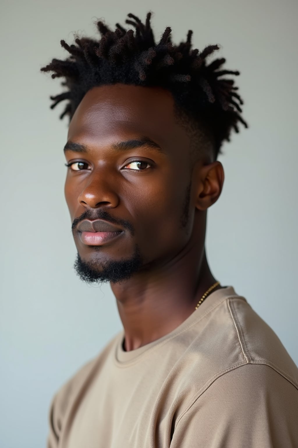 A professional photography man headshot of a confident man, taken in a well-lit studio with a clean, neutral backdrop. The man is dressed in  a fitted, neutral-colored crewneck shirt with neatly styled hair, ensuring a polished yet natural look. The lighting is soft and even, accentuating the man’s bone structure, skin texture, and striking features. The focus is sharp, with a clear emphasis on the man\'s eyes and subtle expression, creating the perfect headshot for agency submissions, portfolio updates, and professional branding in fashion and commercial maning.