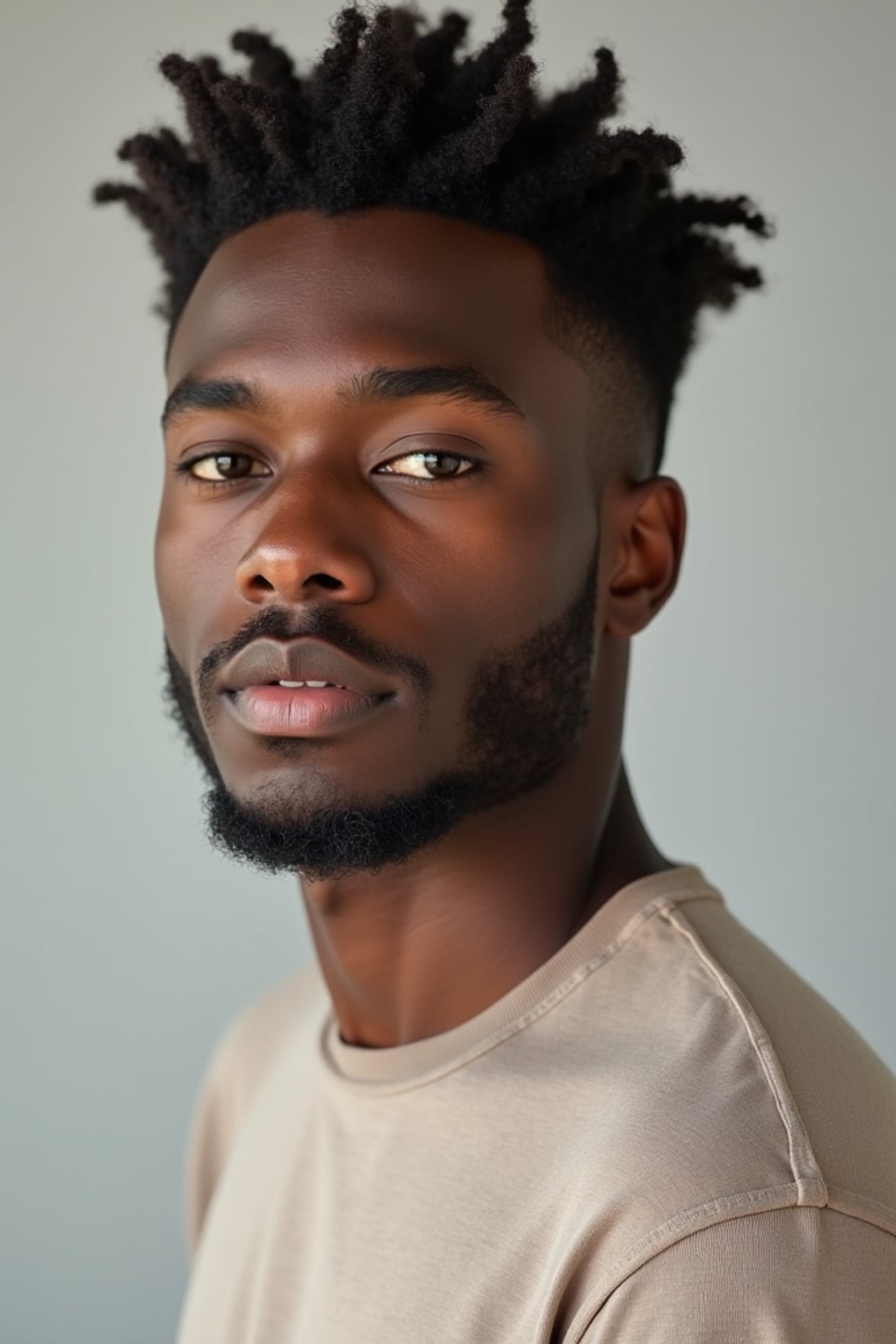 A professional photography man headshot of a confident man, taken in a well-lit studio with a clean, neutral backdrop. The man is dressed in  a fitted, neutral-colored crewneck shirt with neatly styled hair, ensuring a polished yet natural look. The lighting is soft and even, accentuating the man’s bone structure, skin texture, and striking features. The focus is sharp, with a clear emphasis on the man\'s eyes and subtle expression, creating the perfect headshot for agency submissions, portfolio updates, and professional branding in fashion and commercial maning.