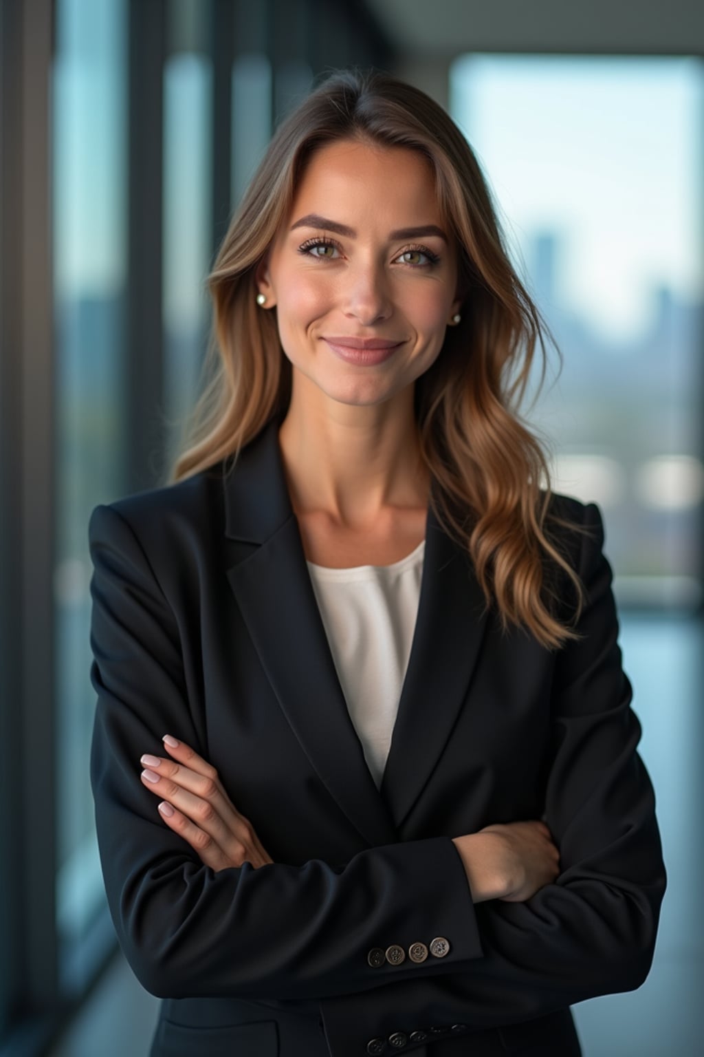 8k professional headshot of woman, crisp details, studio backdrop, executive attire, confident posture, neutral expression, high-definition, corporate setting, sharp focus, ambient lighting, business professional, cityscape view