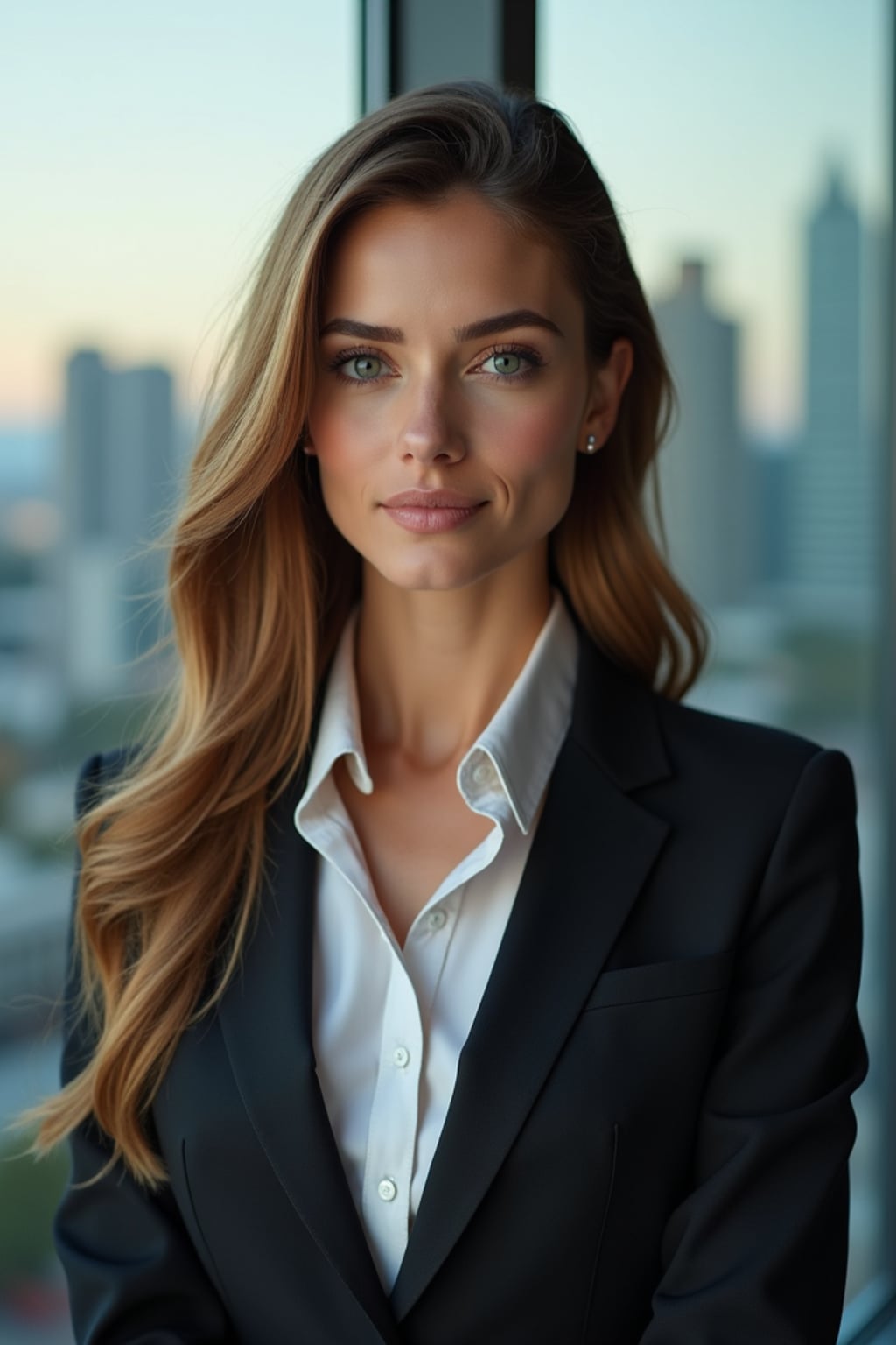 8k professional headshot of woman, crisp details, studio backdrop, executive attire, confident posture, neutral expression, high-definition, corporate setting, sharp focus, ambient lighting, business professional, cityscape view