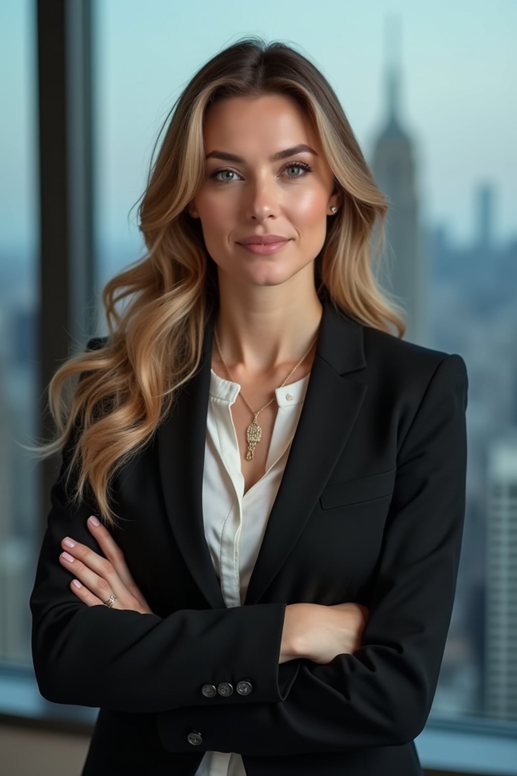 8k professional headshot of woman, crisp details, studio backdrop, executive attire, confident posture, neutral expression, high-definition, corporate setting, sharp focus, ambient lighting, business professional, cityscape view