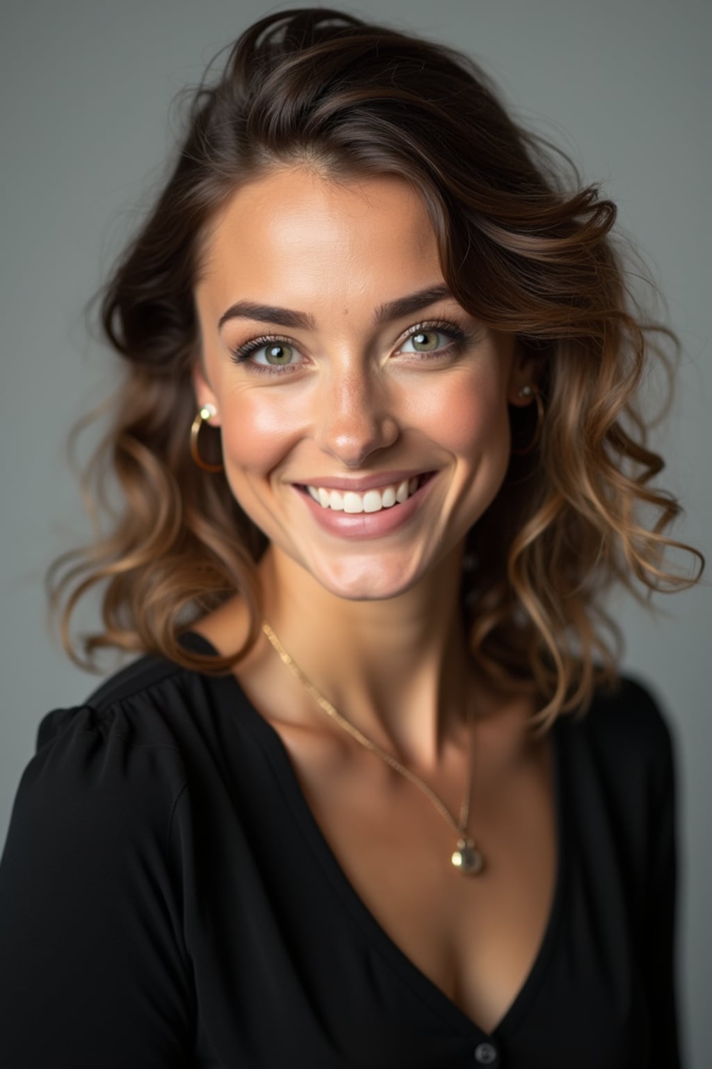 A professional actor headshot of a confident woman, taken in a well-lit studio with a plain backdrop. The woman is dressed in a simple, elegant black top with natural makeup and soft curls . The lighting is soft and even, highlighting their facial features with a natural and approachable expression. The focus is sharp, capturing the woman's eyes and subtle smile, creating a perfect headshot for auditions and casting calls.