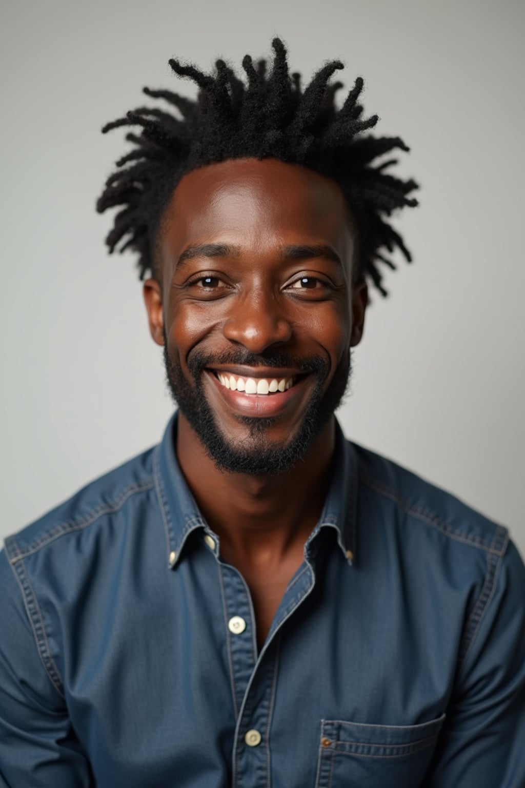 A professional comedian headshot taken in a well-lit studio with a clean, neutral backdrop. The man is dressed in  a fitted button-up shirt or a casual jacket with neatly styled hair, ensuring a polished yet approachable look. The lighting is soft and even, highlighting the man’s expressive face, charisma, and subtle comedic charm. The focus is sharp, capturing a warm and inviting expression, creating the perfect headshot for stand-up comedians, improv actors, and comedic performers.