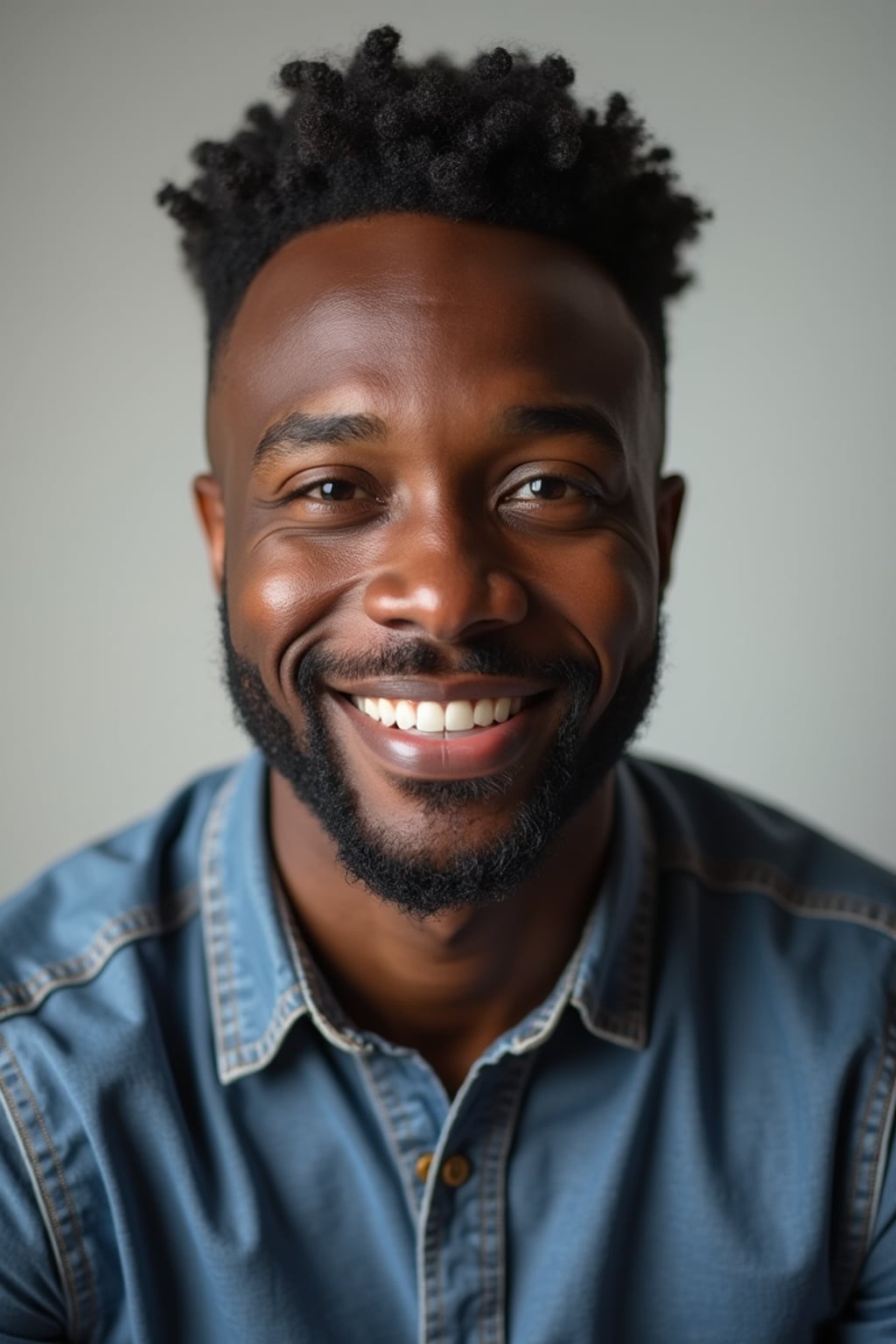 A professional comedian headshot taken in a well-lit studio with a clean, neutral backdrop. The man is dressed in  a fitted button-up shirt or a casual jacket with neatly styled hair, ensuring a polished yet approachable look. The lighting is soft and even, highlighting the man’s expressive face, charisma, and subtle comedic charm. The focus is sharp, capturing a warm and inviting expression, creating the perfect headshot for stand-up comedians, improv actors, and comedic performers.