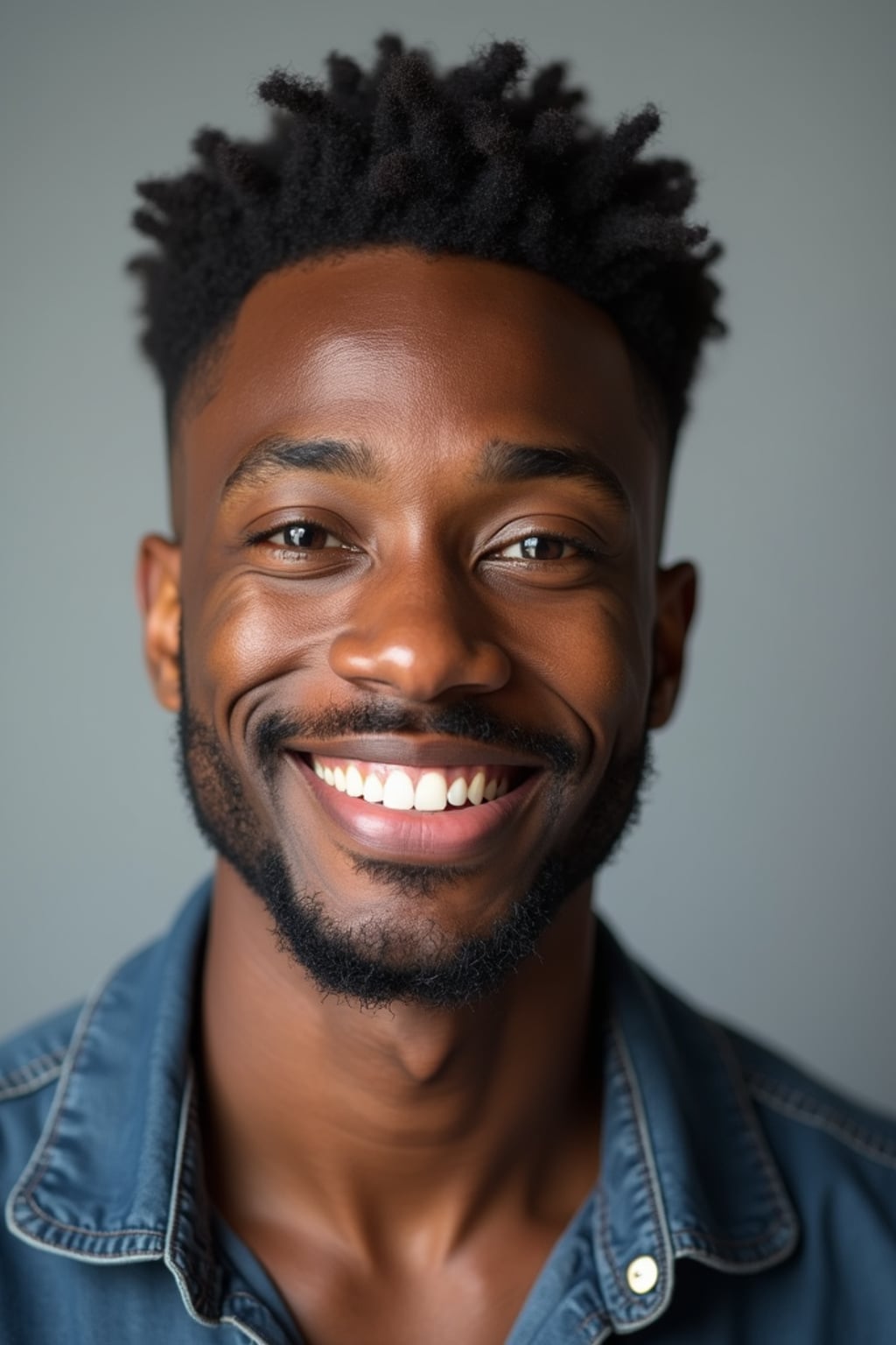 A professional comedian headshot taken in a well-lit studio with a clean, neutral backdrop. The man is dressed in  a fitted button-up shirt or a casual jacket with neatly styled hair, ensuring a polished yet approachable look. The lighting is soft and even, highlighting the man’s expressive face, charisma, and subtle comedic charm. The focus is sharp, capturing a warm and inviting expression, creating the perfect headshot for stand-up comedians, improv actors, and comedic performers.