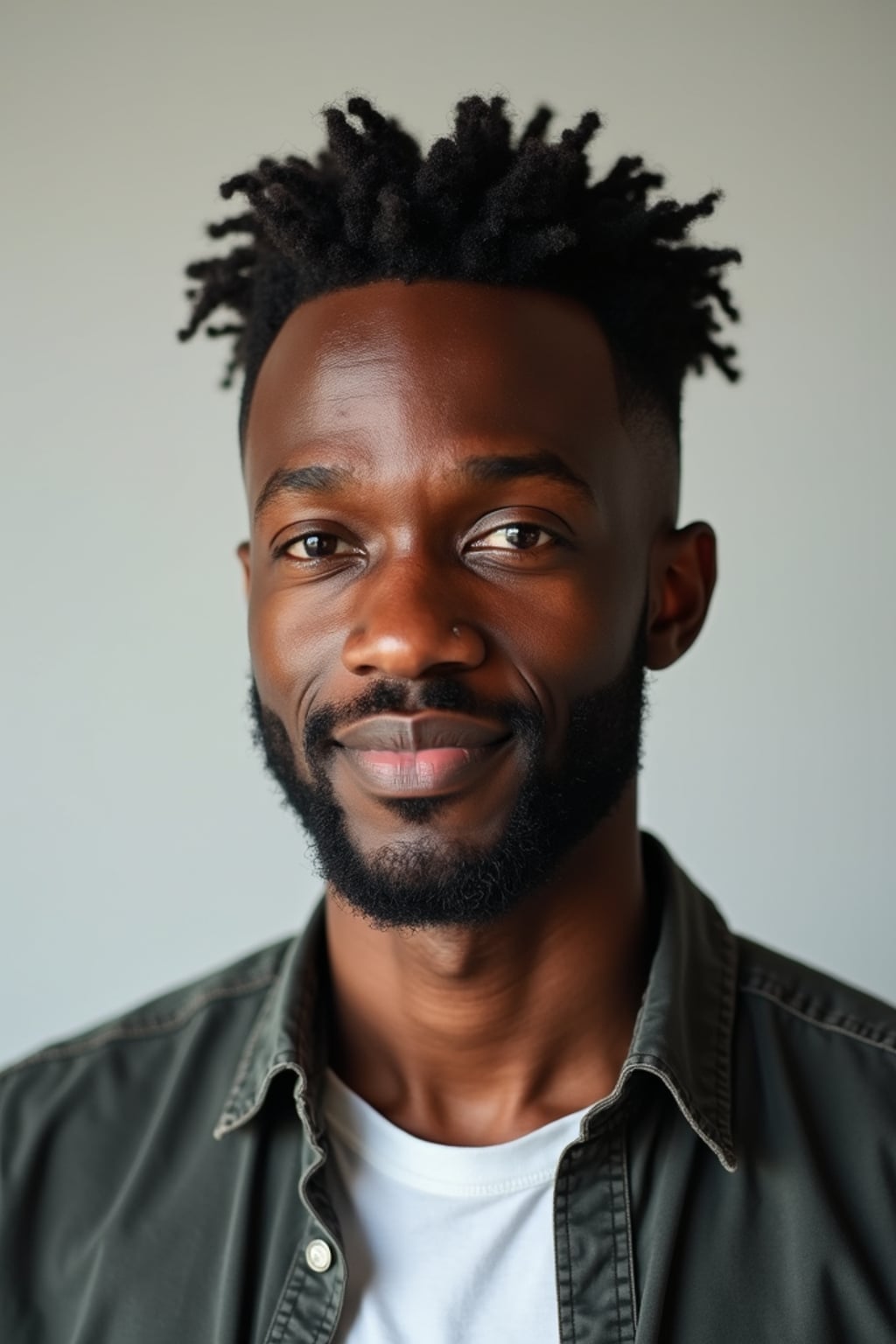 A professional comedian headshot taken in a well-lit studio with a clean, neutral backdrop. The man is dressed in  a fitted button-up shirt or a casual jacket with neatly styled hair, ensuring a polished yet approachable look. The lighting is soft and even, highlighting the man’s expressive face, charisma, and subtle comedic charm. The focus is sharp, capturing a warm and inviting expression, creating the perfect headshot for stand-up comedians, improv actors, and comedic performers.