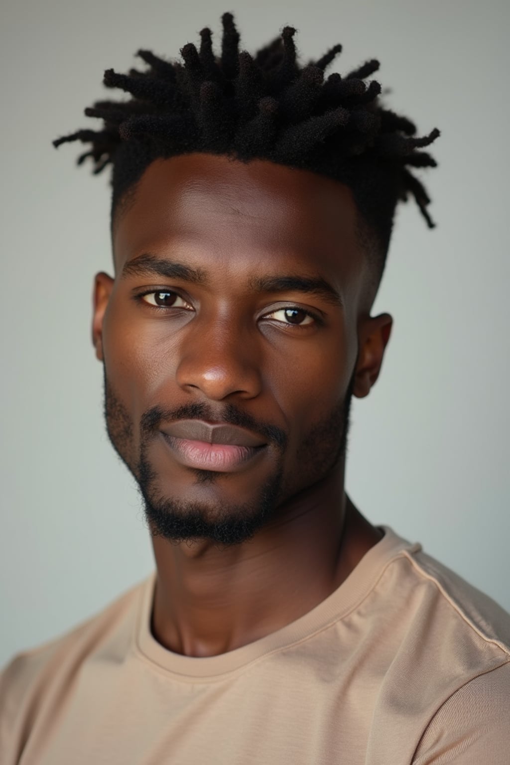 A professional photography man headshot of a confident man, taken in a well-lit studio with a clean, neutral backdrop. The man is dressed in  a fitted, neutral-colored crewneck shirt with neatly styled hair, ensuring a polished yet natural look. The lighting is soft and even, accentuating the man’s bone structure, skin texture, and striking features. The focus is sharp, with a clear emphasis on the man\'s eyes and subtle expression, creating the perfect headshot for agency submissions, portfolio updates, and professional branding in fashion and commercial maning.
