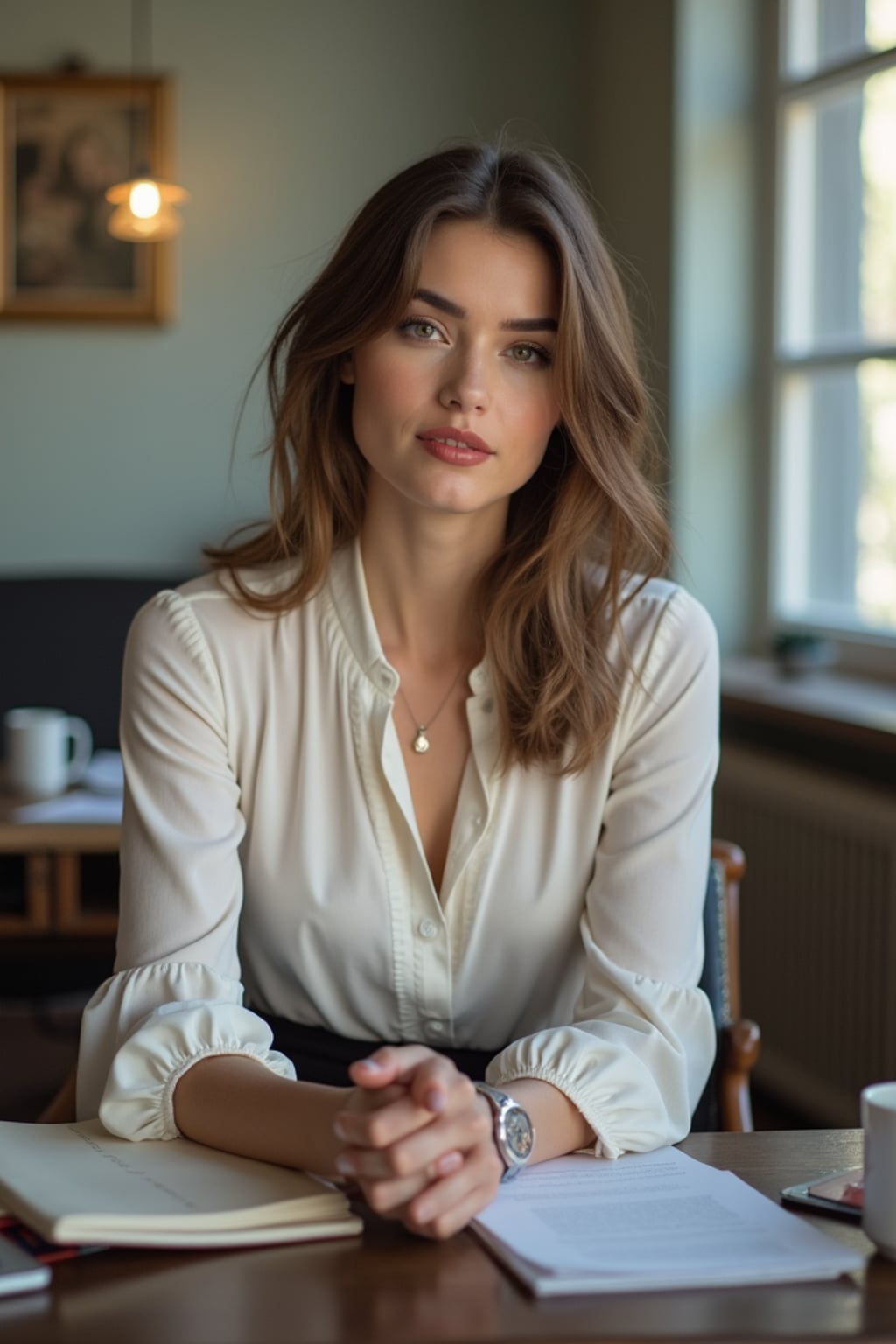 headshot of woman, sitting at a desk, at a (office), BREAK elegant blouse, pencil skirt, makeup