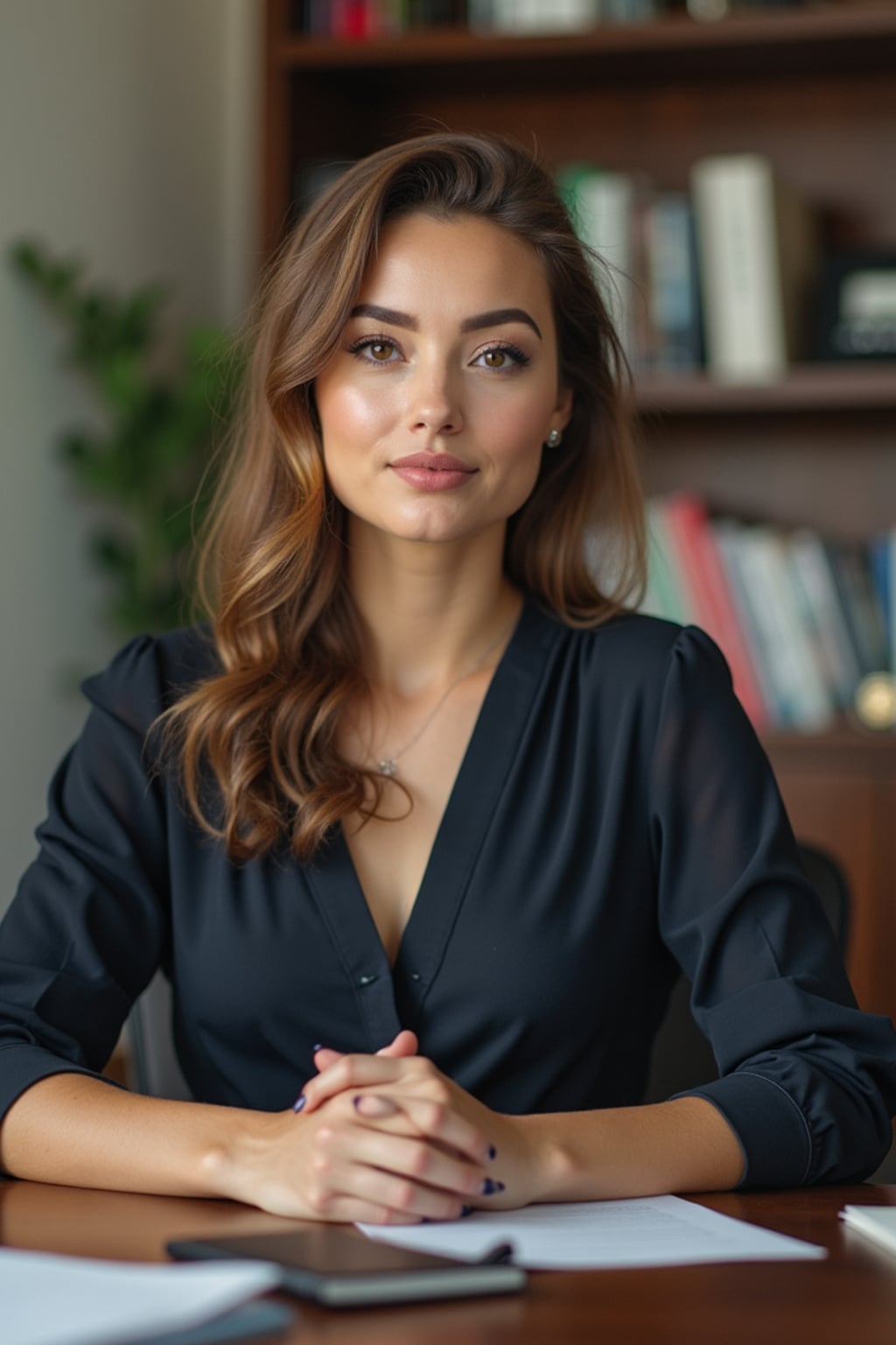 headshot of woman, sitting at a desk, at a (office), BREAK elegant blouse, pencil skirt, makeup