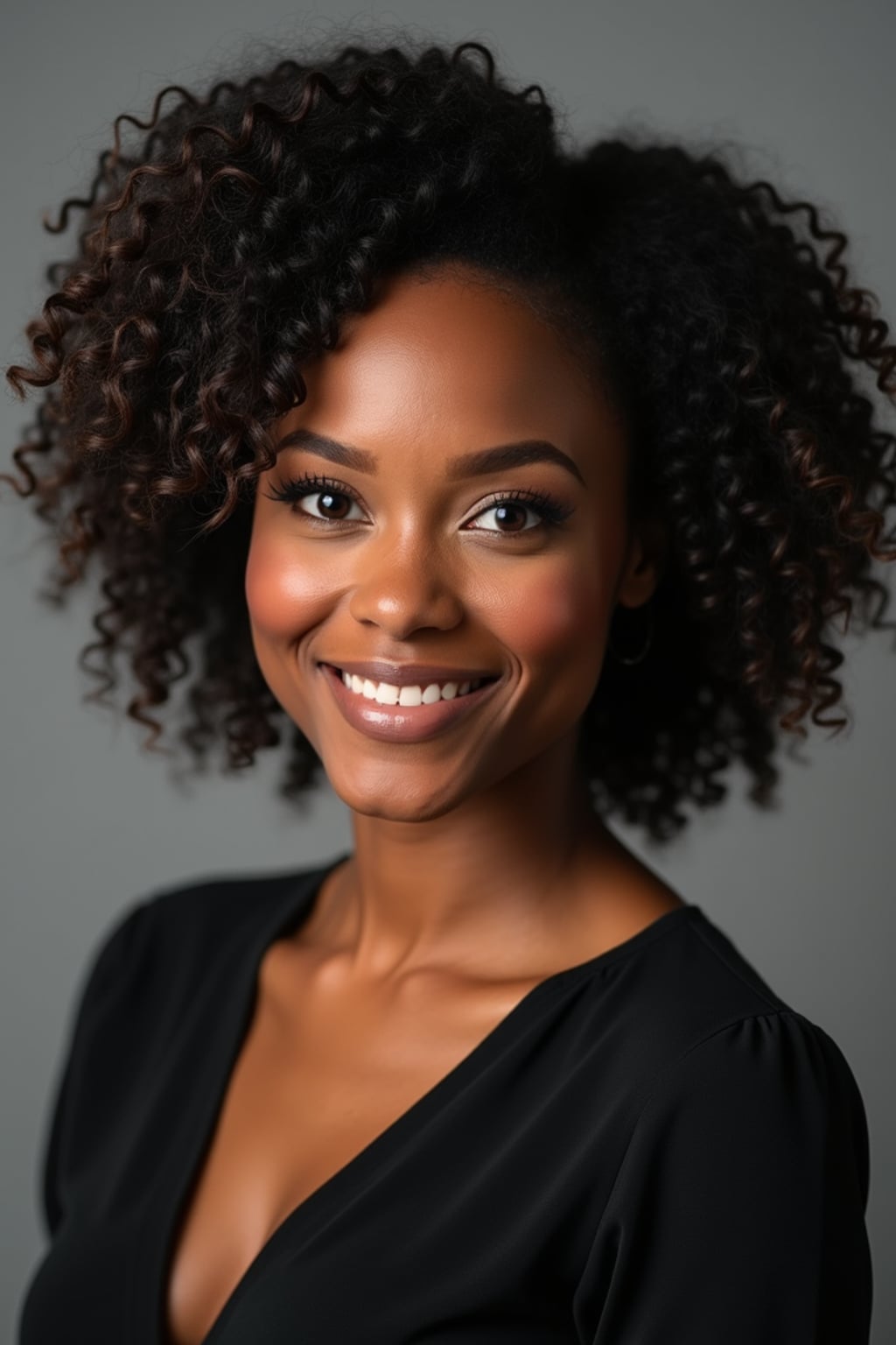 A professional actor headshot of a confident woman, taken in a well-lit studio with a plain backdrop. The woman is dressed in a simple, elegant black top with natural makeup and soft curls . The lighting is soft and even, highlighting their facial features with a natural and approachable expression. The focus is sharp, capturing the woman's eyes and subtle smile, creating a perfect headshot for auditions and casting calls.