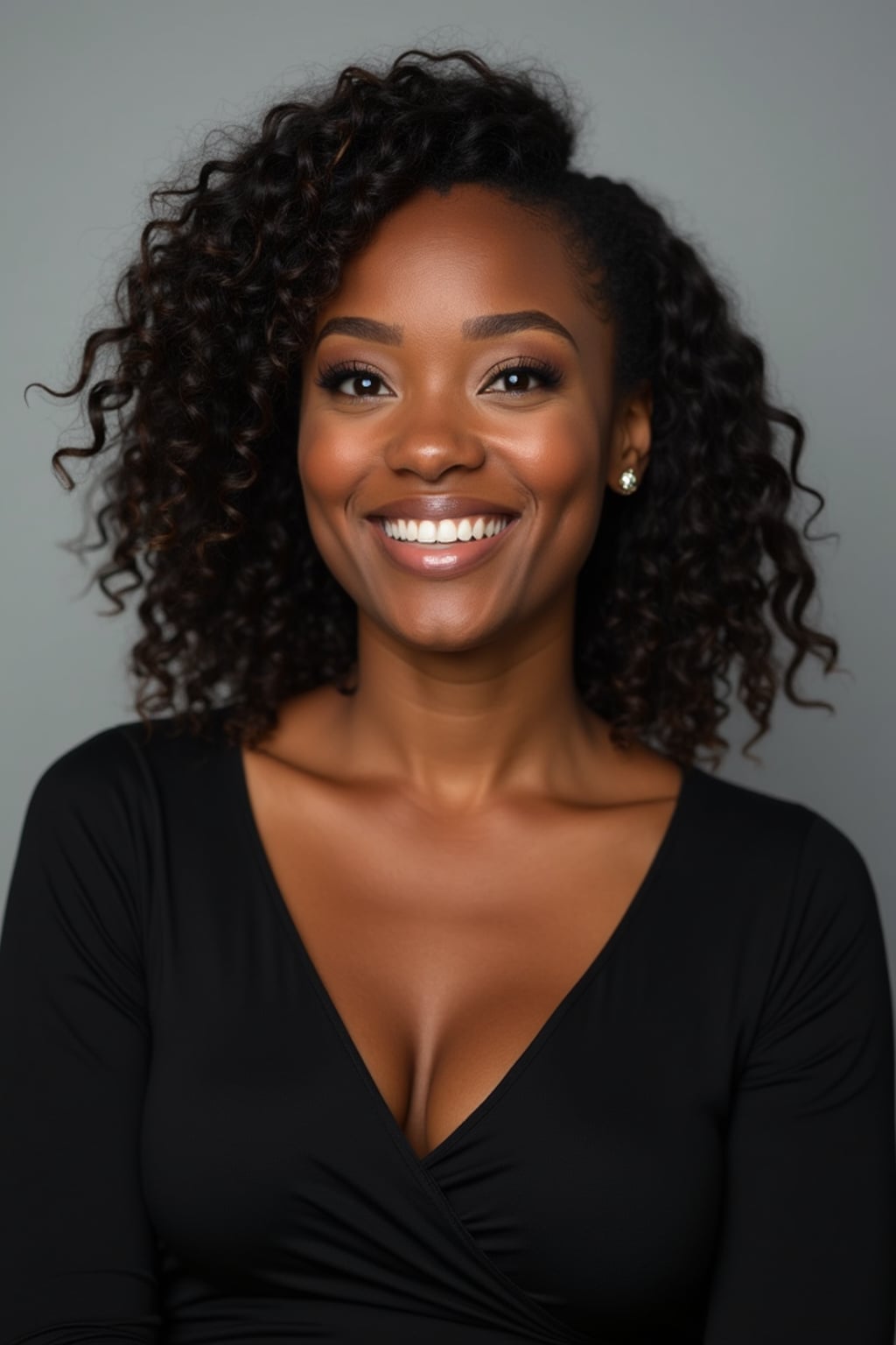 A professional actor headshot of a confident woman, taken in a well-lit studio with a plain backdrop. The woman is dressed in a simple, elegant black top with natural makeup and soft curls . The lighting is soft and even, highlighting their facial features with a natural and approachable expression. The focus is sharp, capturing the woman's eyes and subtle smile, creating a perfect headshot for auditions and casting calls.