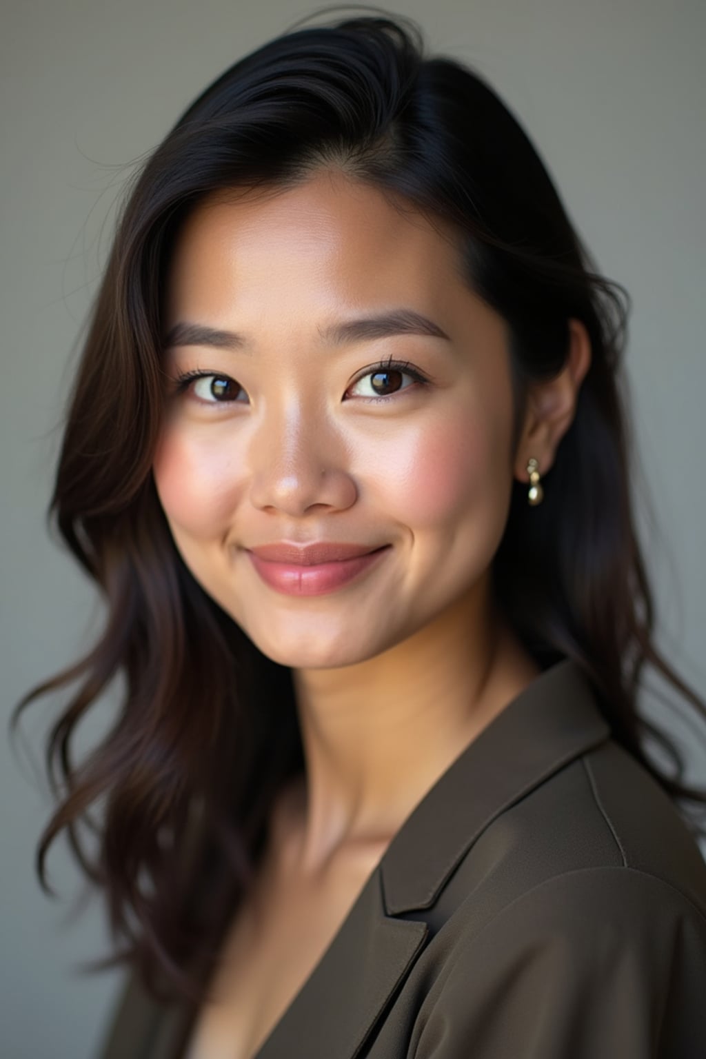 A comedic actor headshot featuring a subtle smirk and expressive eyes, taken in a well-lit professional studio. The woman is dressed in a sleek top with a bit of personality, styled hair, and a confident gaze . The background is neutral, ensuring the subject stands out. The lighting highlights natural features, capturing an inviting and charismatic presence, perfect for comedy auditions, film roles, and industry portfolios.