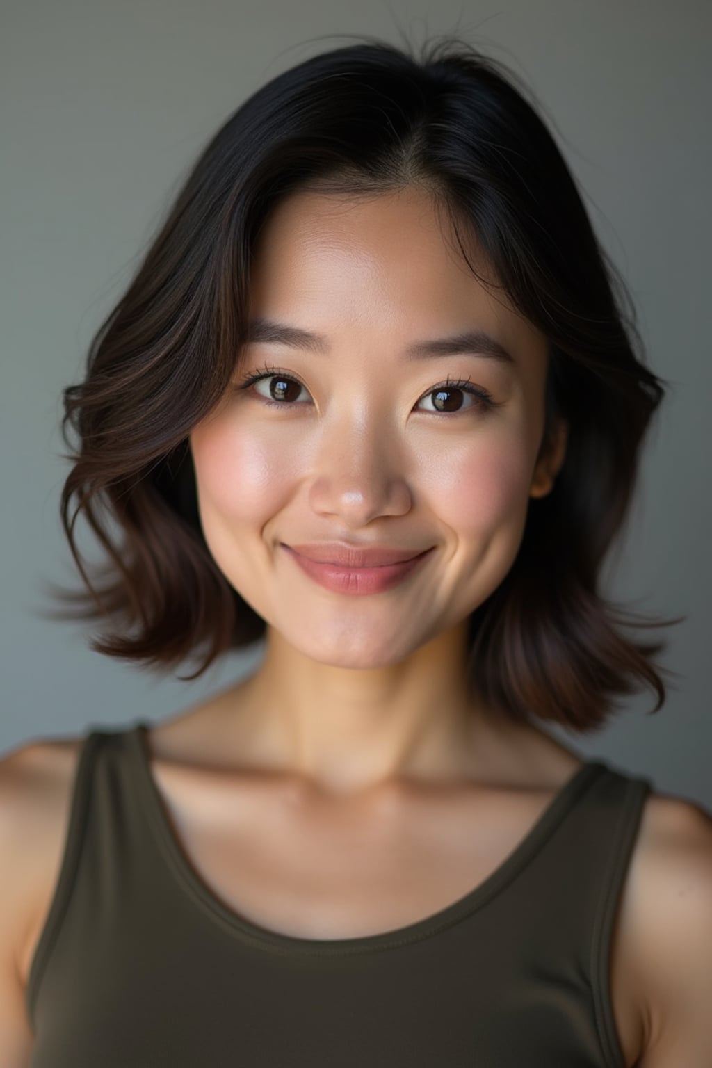 A comedic actor headshot featuring a subtle smirk and expressive eyes, taken in a well-lit professional studio. The woman is dressed in a sleek top with a bit of personality, styled hair, and a confident gaze . The background is neutral, ensuring the subject stands out. The lighting highlights natural features, capturing an inviting and charismatic presence, perfect for comedy auditions, film roles, and industry portfolios.