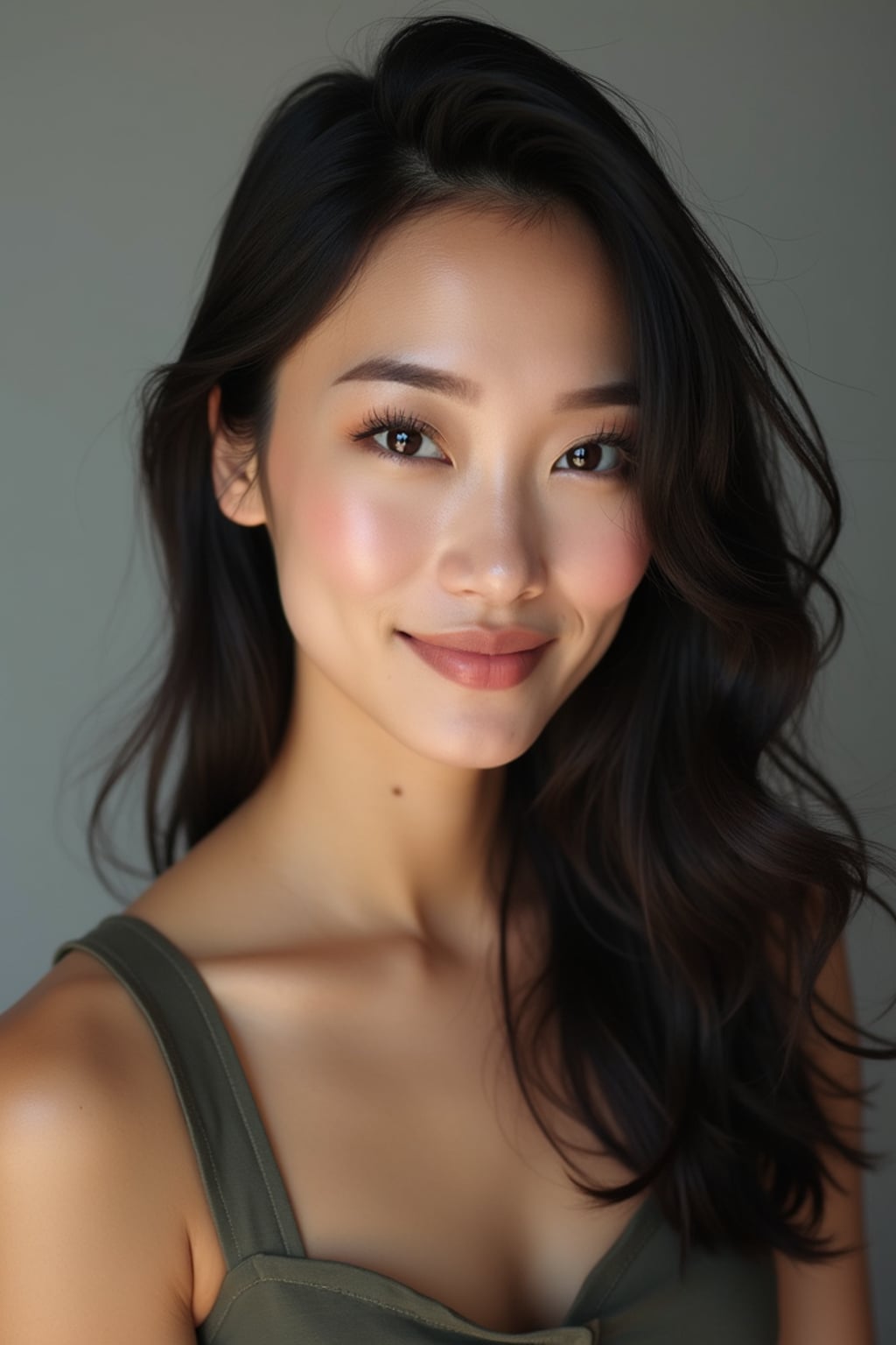 A comedic actor headshot featuring a subtle smirk and expressive eyes, taken in a well-lit professional studio. The woman is dressed in a sleek top with a bit of personality, styled hair, and a confident gaze . The background is neutral, ensuring the subject stands out. The lighting highlights natural features, capturing an inviting and charismatic presence, perfect for comedy auditions, film roles, and industry portfolios.