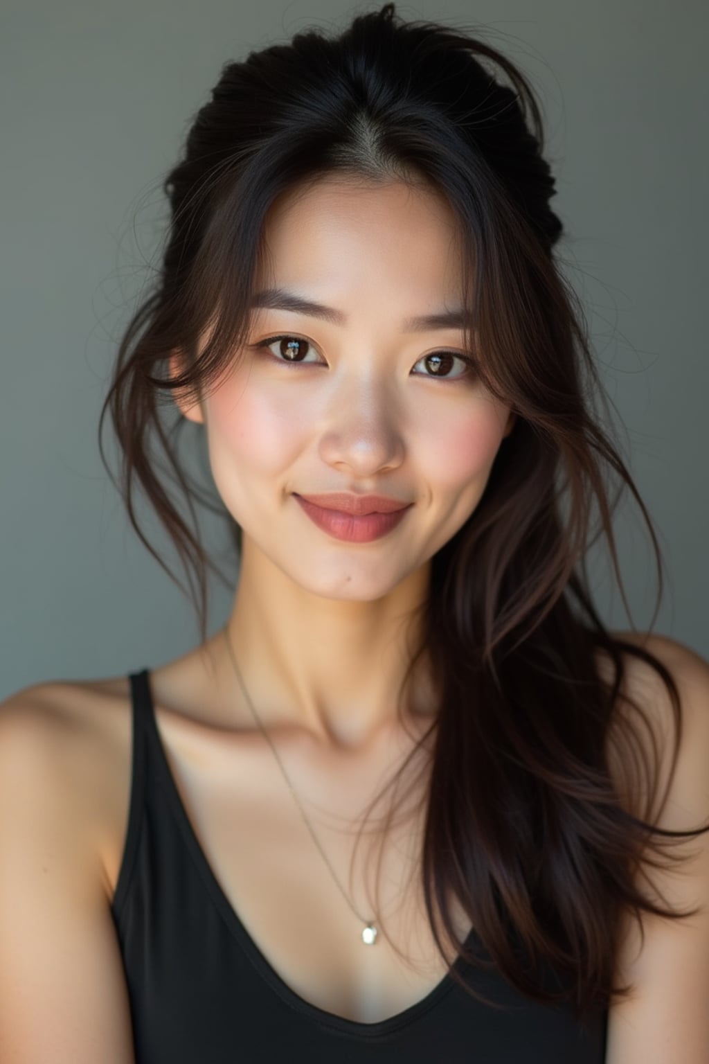 A comedic actor headshot featuring a subtle smirk and expressive eyes, taken in a well-lit professional studio. The woman is dressed in a sleek top with a bit of personality, styled hair, and a confident gaze . The background is neutral, ensuring the subject stands out. The lighting highlights natural features, capturing an inviting and charismatic presence, perfect for comedy auditions, film roles, and industry portfolios.