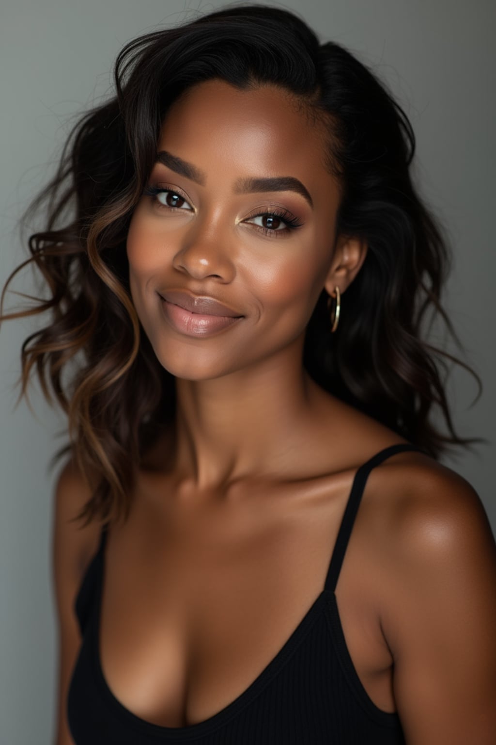 A professional photography woman headshot of a confident woman, taken in a well-lit studio with a clean, neutral backdrop. The woman is dressed in a sleek, minimal black tank top with natural makeup and loose, effortless waves , ensuring a polished yet natural look. The lighting is soft and even, accentuating the woman’s bone structure, skin texture, and striking features. The focus is sharp, with a clear emphasis on the woman\'s eyes and subtle expression, creating the perfect headshot for agency submissions, portfolio updates, and professional branding in fashion and commercial womaning.