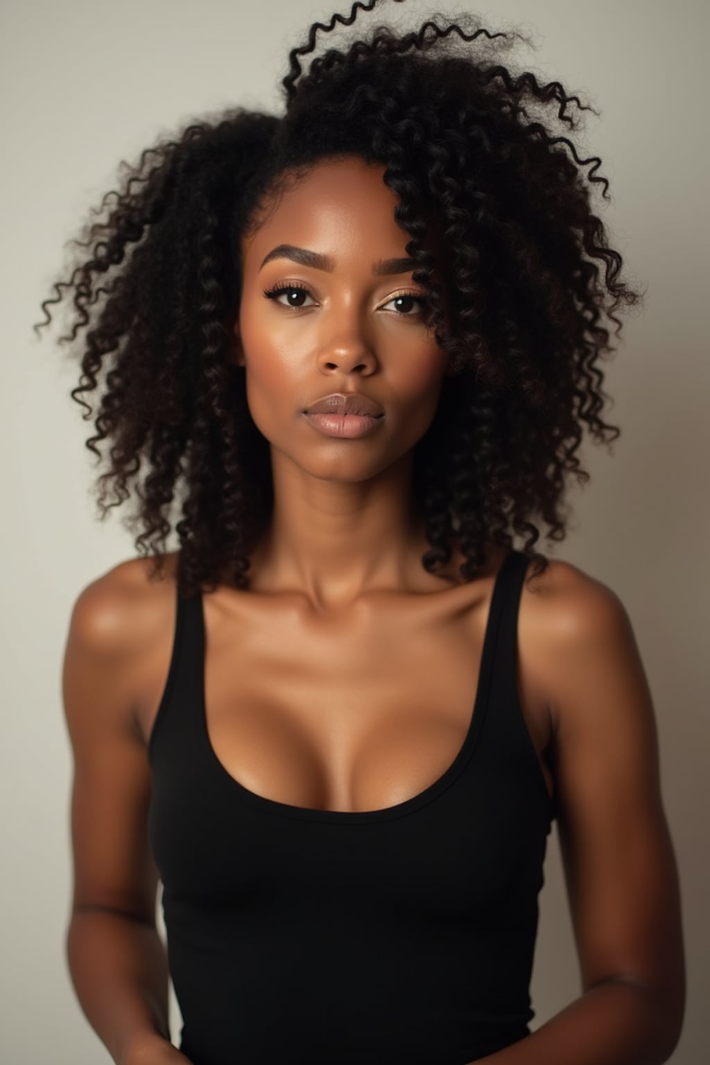 A professional photography woman headshot of a confident woman, taken in a well-lit studio with a clean, neutral backdrop. The woman is dressed in a sleek, minimal black tank top with natural makeup and loose, effortless waves , ensuring a polished yet natural look. The lighting is soft and even, accentuating the woman’s bone structure, skin texture, and striking features. The focus is sharp, with a clear emphasis on the woman\'s eyes and subtle expression, creating the perfect headshot for agency submissions, portfolio updates, and professional branding in fashion and commercial womaning.