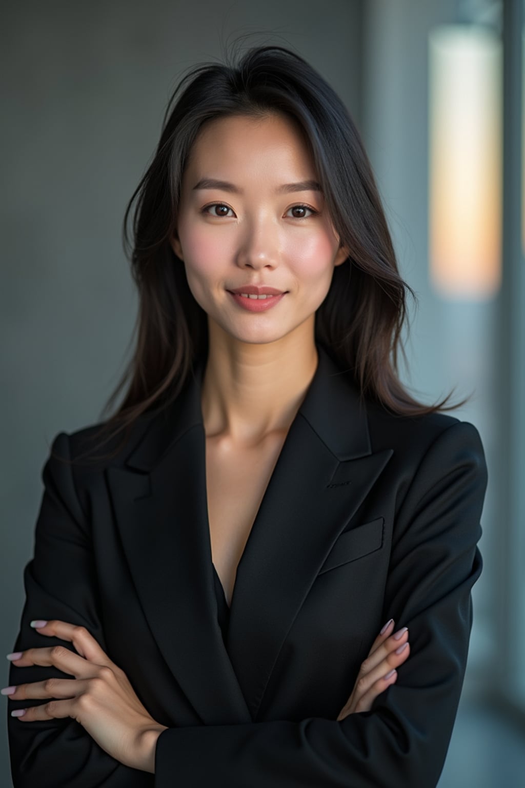 8k professional headshot of woman, crisp details, studio backdrop, executive attire, confident posture, neutral expression, high-definition, corporate setting, sharp focus, ambient lighting, business professional, cityscape view