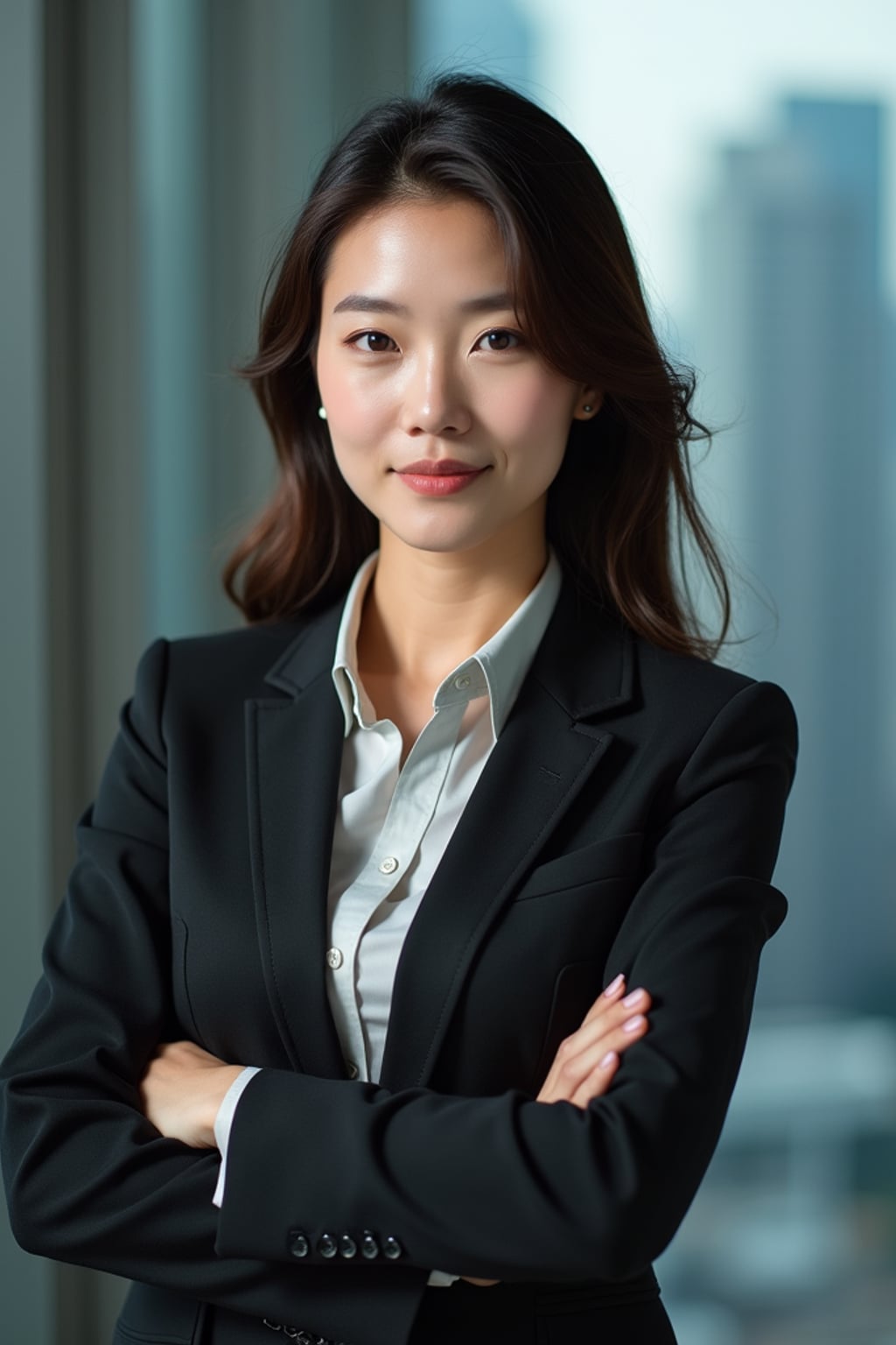 8k professional headshot of woman, crisp details, studio backdrop, executive attire, confident posture, neutral expression, high-definition, corporate setting, sharp focus, ambient lighting, business professional, cityscape view