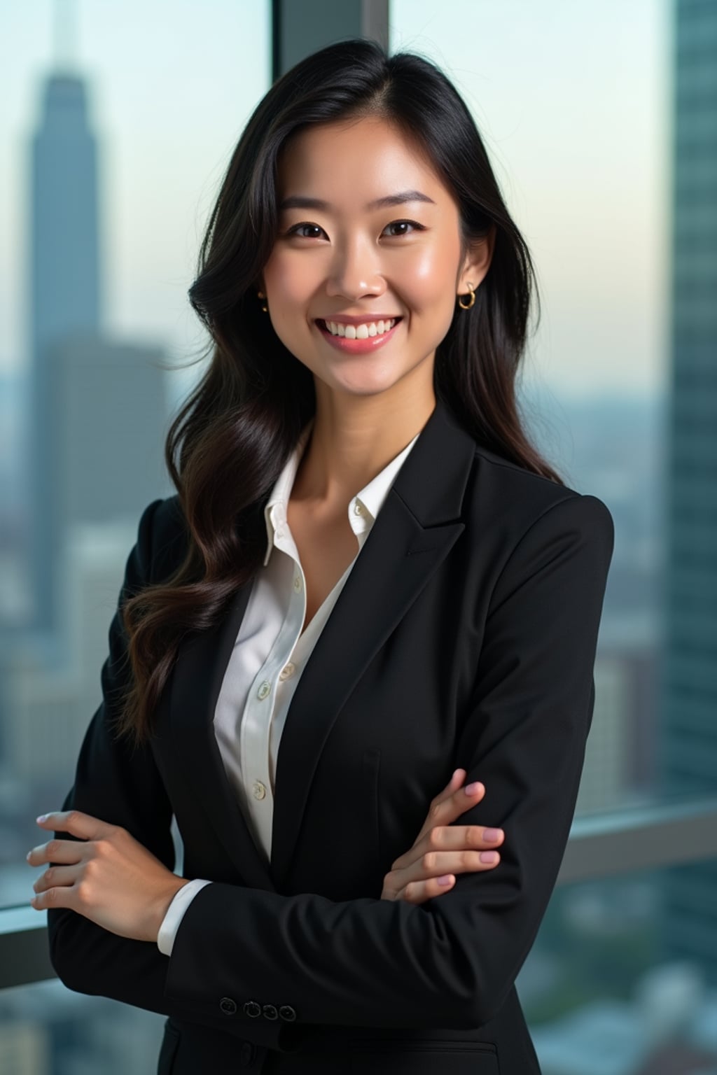 8k professional headshot of woman, crisp details, studio backdrop, executive attire, confident posture, neutral expression, high-definition, corporate setting, sharp focus, ambient lighting, business professional, cityscape view