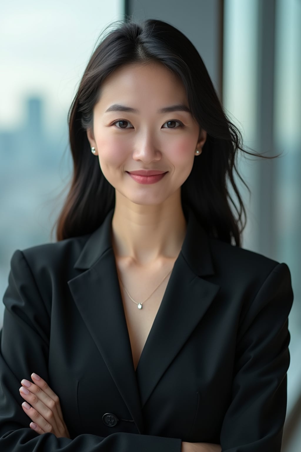 8k professional headshot of woman, crisp details, studio backdrop, executive attire, confident posture, neutral expression, high-definition, corporate setting, sharp focus, ambient lighting, business professional, cityscape view