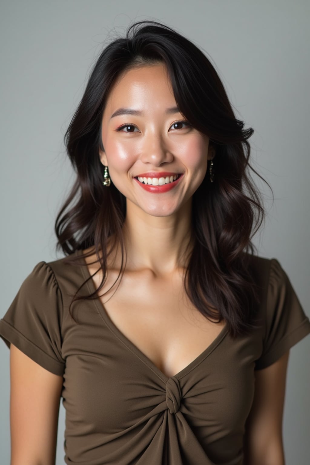 A professional comedian headshot taken in a well-lit studio with a clean, neutral backdrop. The woman is dressed in a stylish yet playful fitted top with natural makeup and a confident smile , ensuring a polished yet approachable look. The lighting is soft and even, highlighting the woman’s expressive face, charisma, and subtle comedic charm. The focus is sharp, capturing a warm and inviting expression, creating the perfect headshot for stand-up comedians, improv actors, and comedic performers.