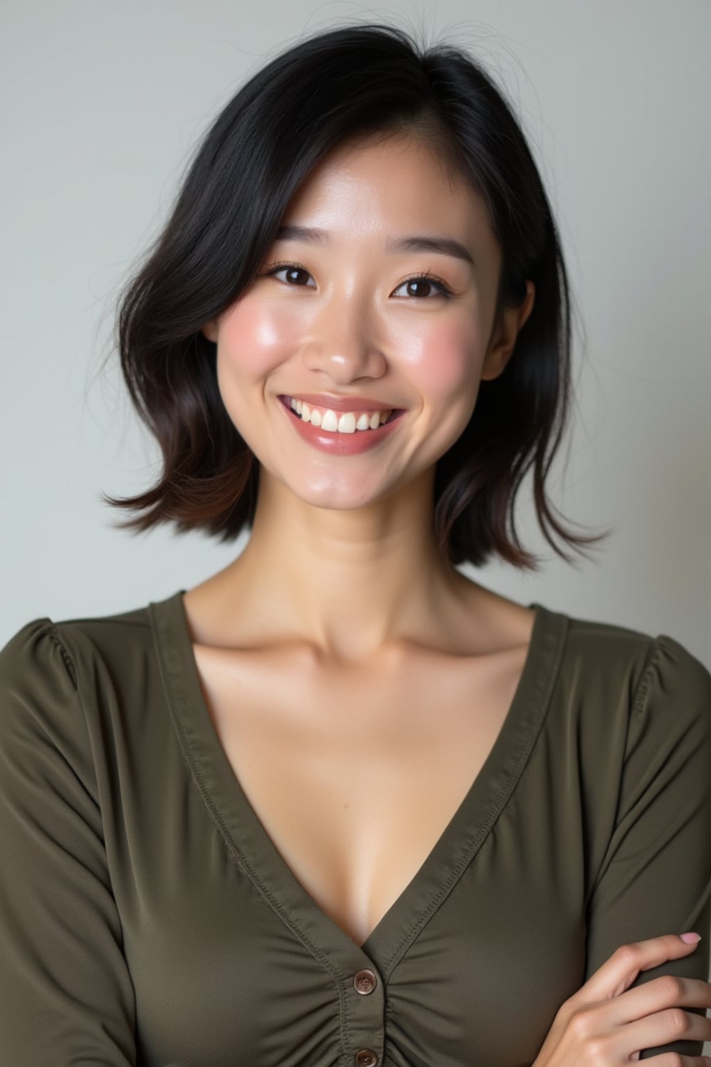 A professional comedian headshot taken in a well-lit studio with a clean, neutral backdrop. The woman is dressed in a stylish yet playful fitted top with natural makeup and a confident smile , ensuring a polished yet approachable look. The lighting is soft and even, highlighting the woman’s expressive face, charisma, and subtle comedic charm. The focus is sharp, capturing a warm and inviting expression, creating the perfect headshot for stand-up comedians, improv actors, and comedic performers.