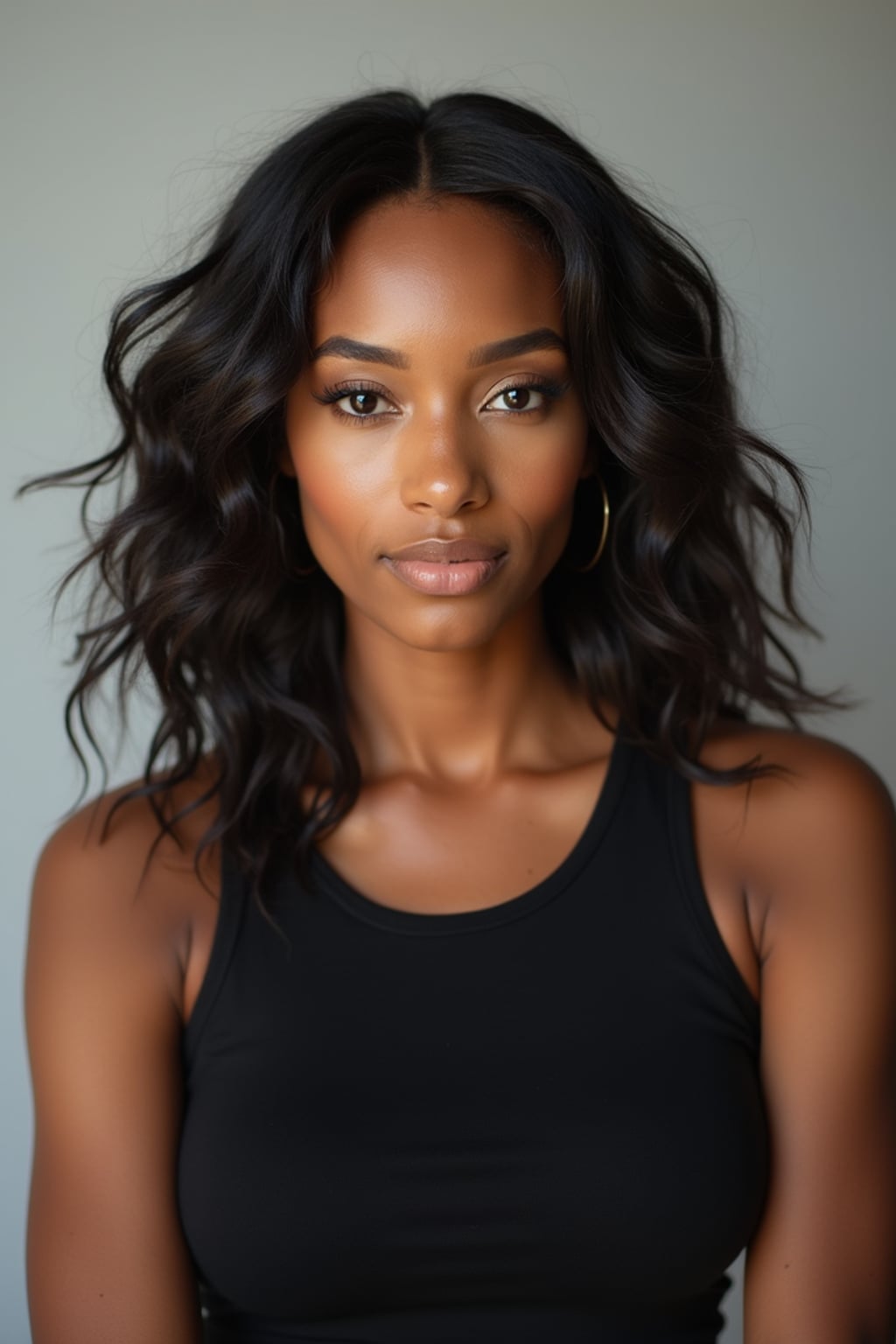 A professional photography woman headshot of a confident woman, taken in a well-lit studio with a clean, neutral backdrop. The woman is dressed in a sleek, minimal black tank top with natural makeup and loose, effortless waves , ensuring a polished yet natural look. The lighting is soft and even, accentuating the woman’s bone structure, skin texture, and striking features. The focus is sharp, with a clear emphasis on the woman\'s eyes and subtle expression, creating the perfect headshot for agency submissions, portfolio updates, and professional branding in fashion and commercial womaning.