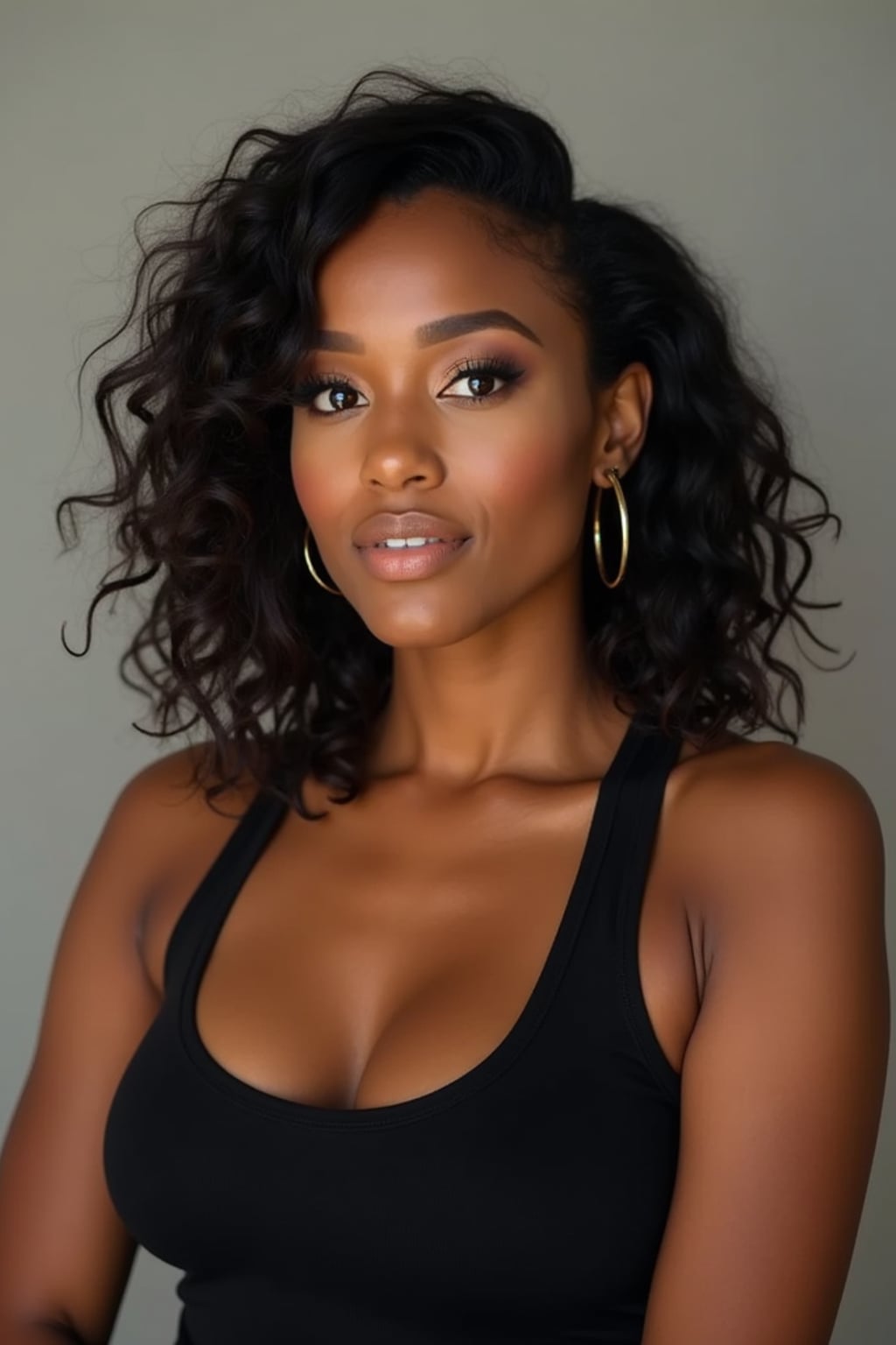 A professional photography woman headshot of a confident woman, taken in a well-lit studio with a clean, neutral backdrop. The woman is dressed in a sleek, minimal black tank top with natural makeup and loose, effortless waves , ensuring a polished yet natural look. The lighting is soft and even, accentuating the woman’s bone structure, skin texture, and striking features. The focus is sharp, with a clear emphasis on the woman\'s eyes and subtle expression, creating the perfect headshot for agency submissions, portfolio updates, and professional branding in fashion and commercial womaning.