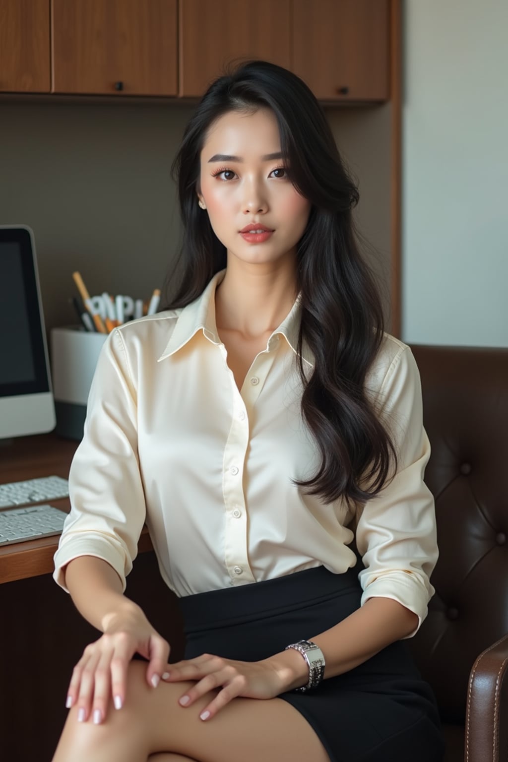 headshot of woman, sitting at a desk, at a (office), BREAK elegant blouse, pencil skirt, makeup
